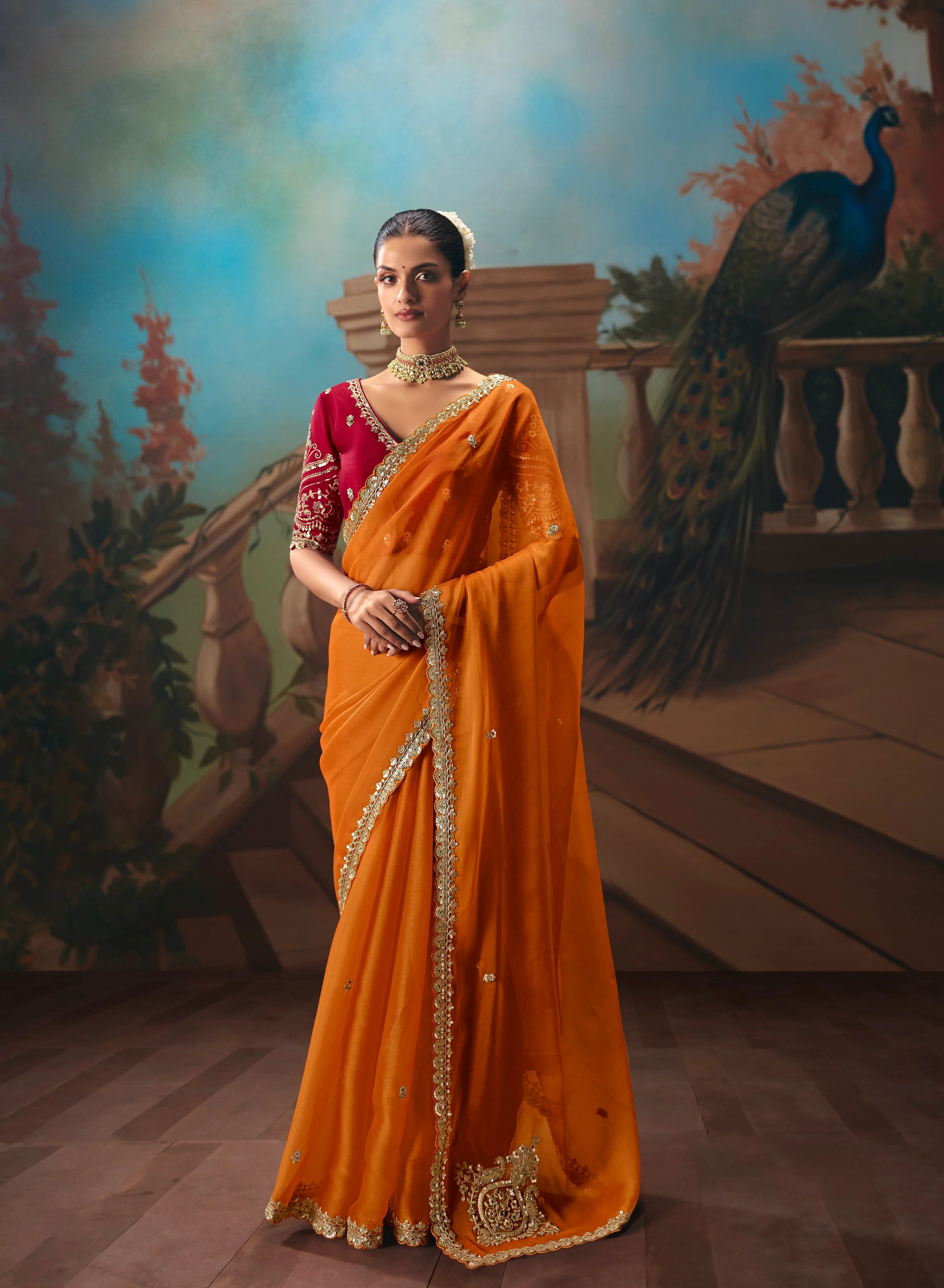Georgette Festival Wear Orange With Thread Work