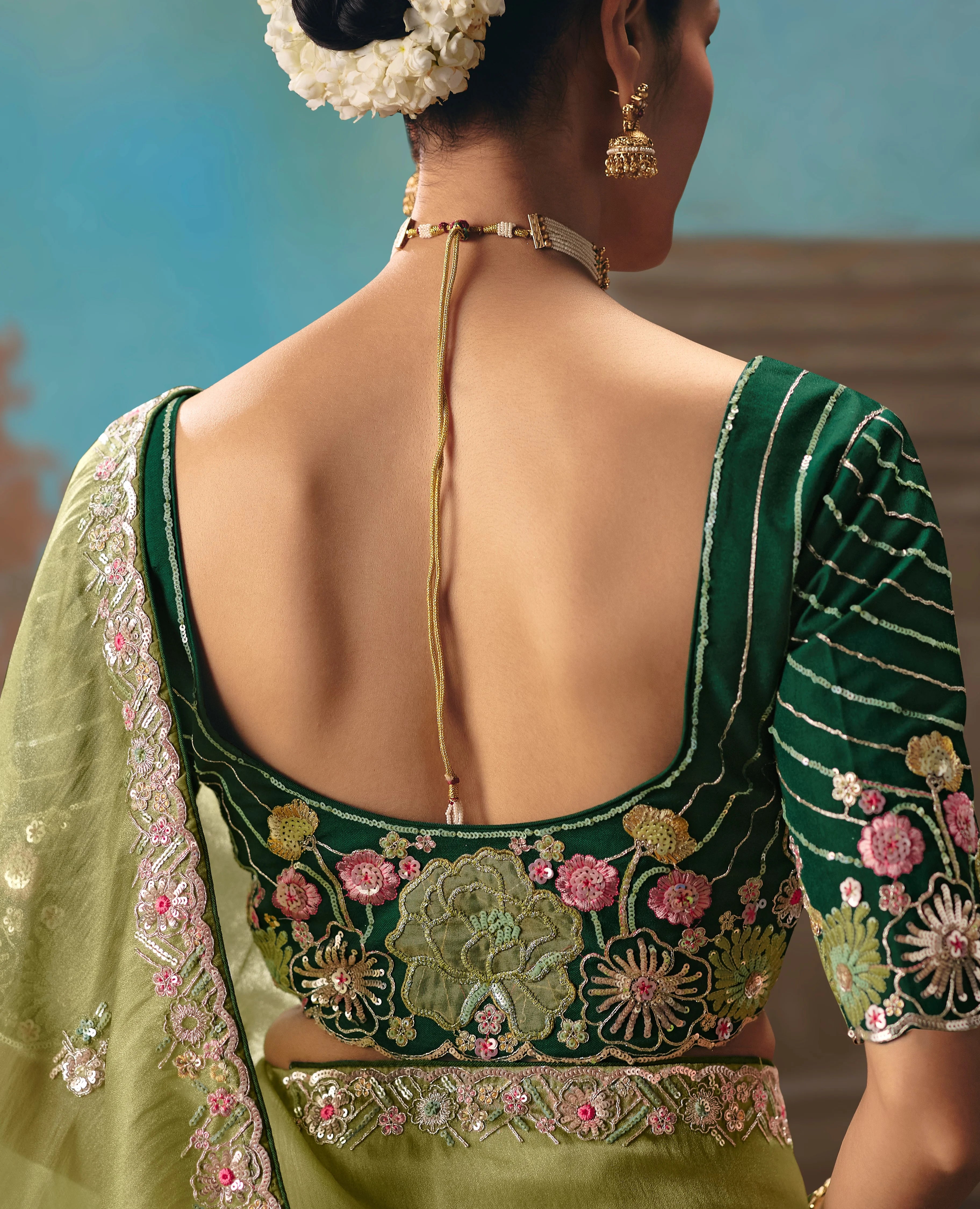 Tissue Festival Wear Green With Thread Work