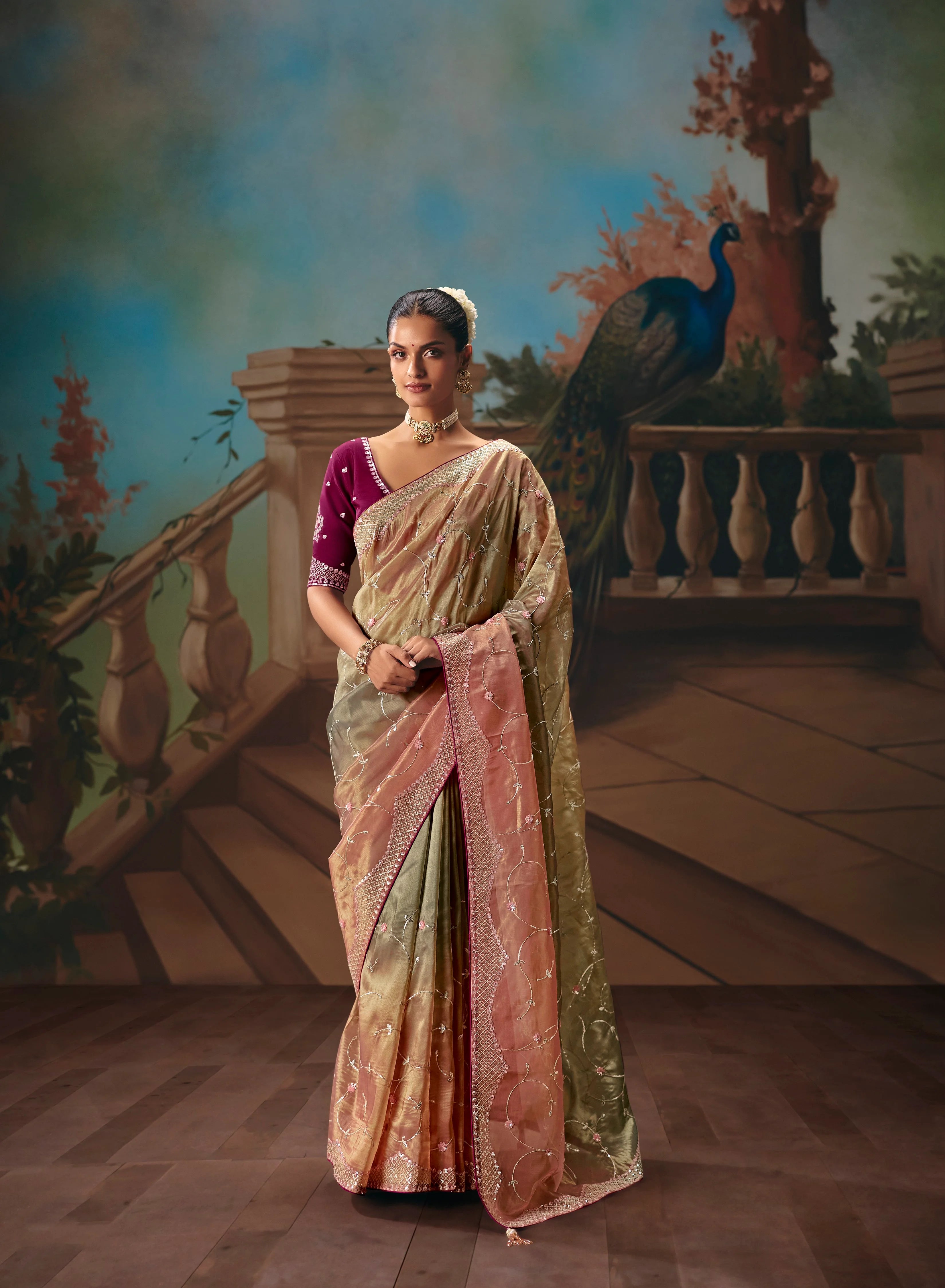 Tissue Festival Wear Olive Gold With Thread Work