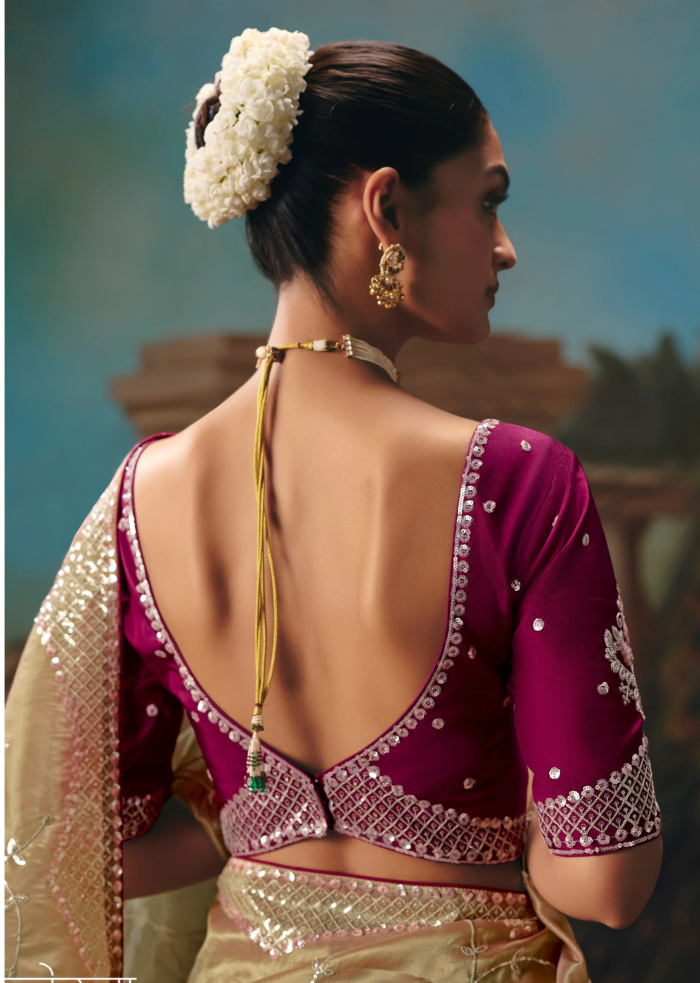 Tissue Festival Wear Olive Gold With Thread Work