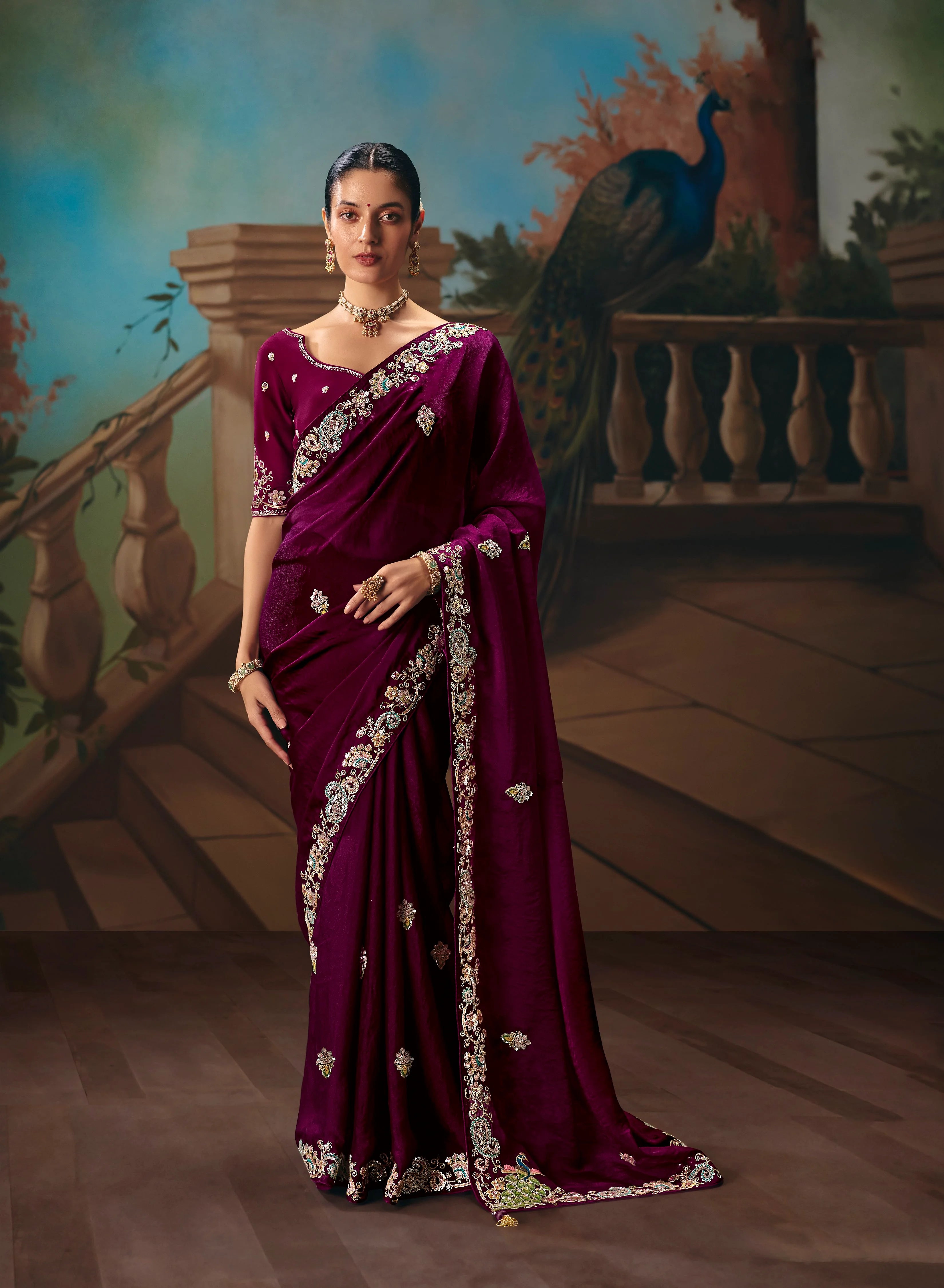 Tissue Festival Wear Wine With Thread Work