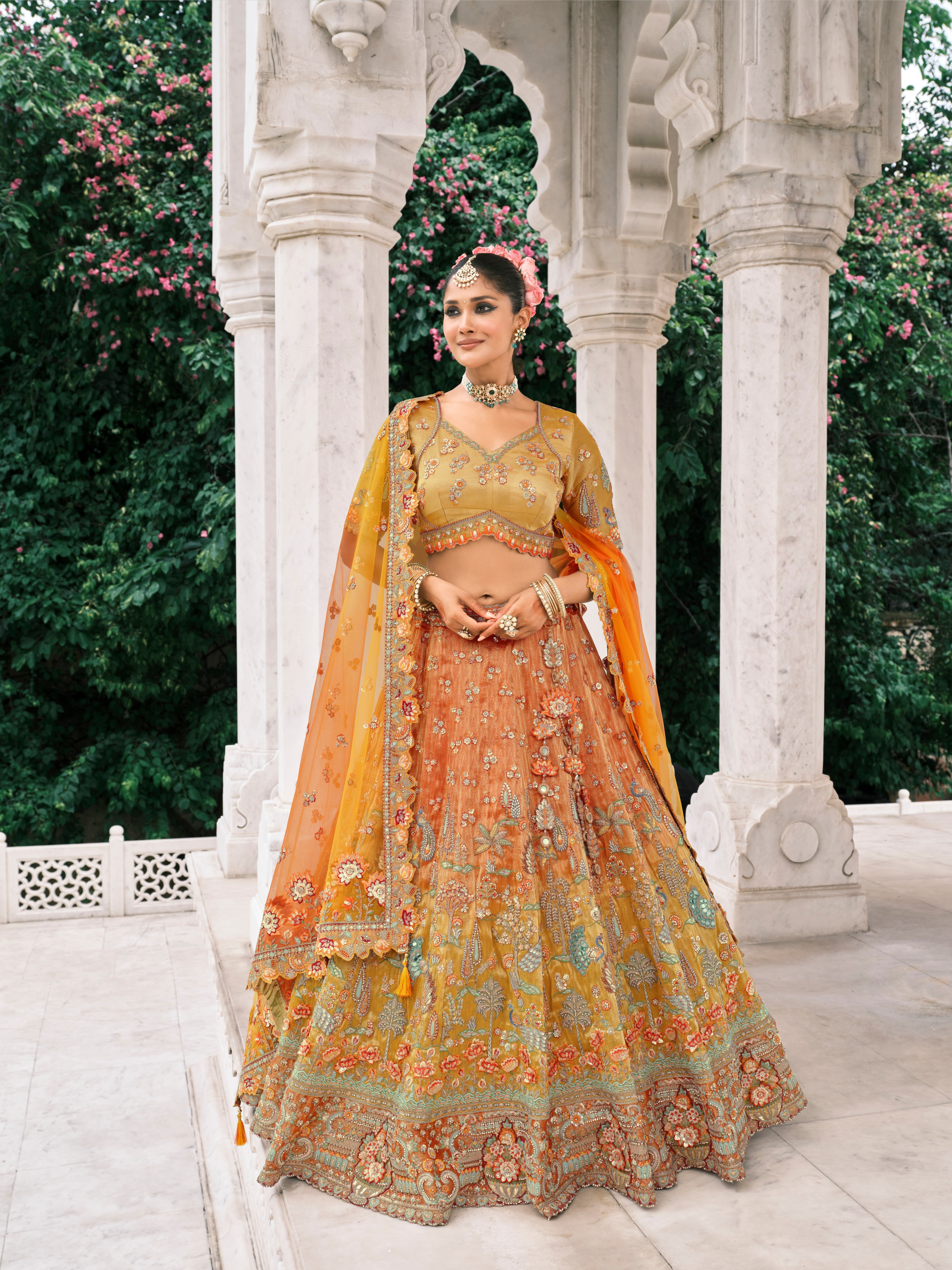 Orange Gold Silk Embroidery Designer Lehenga