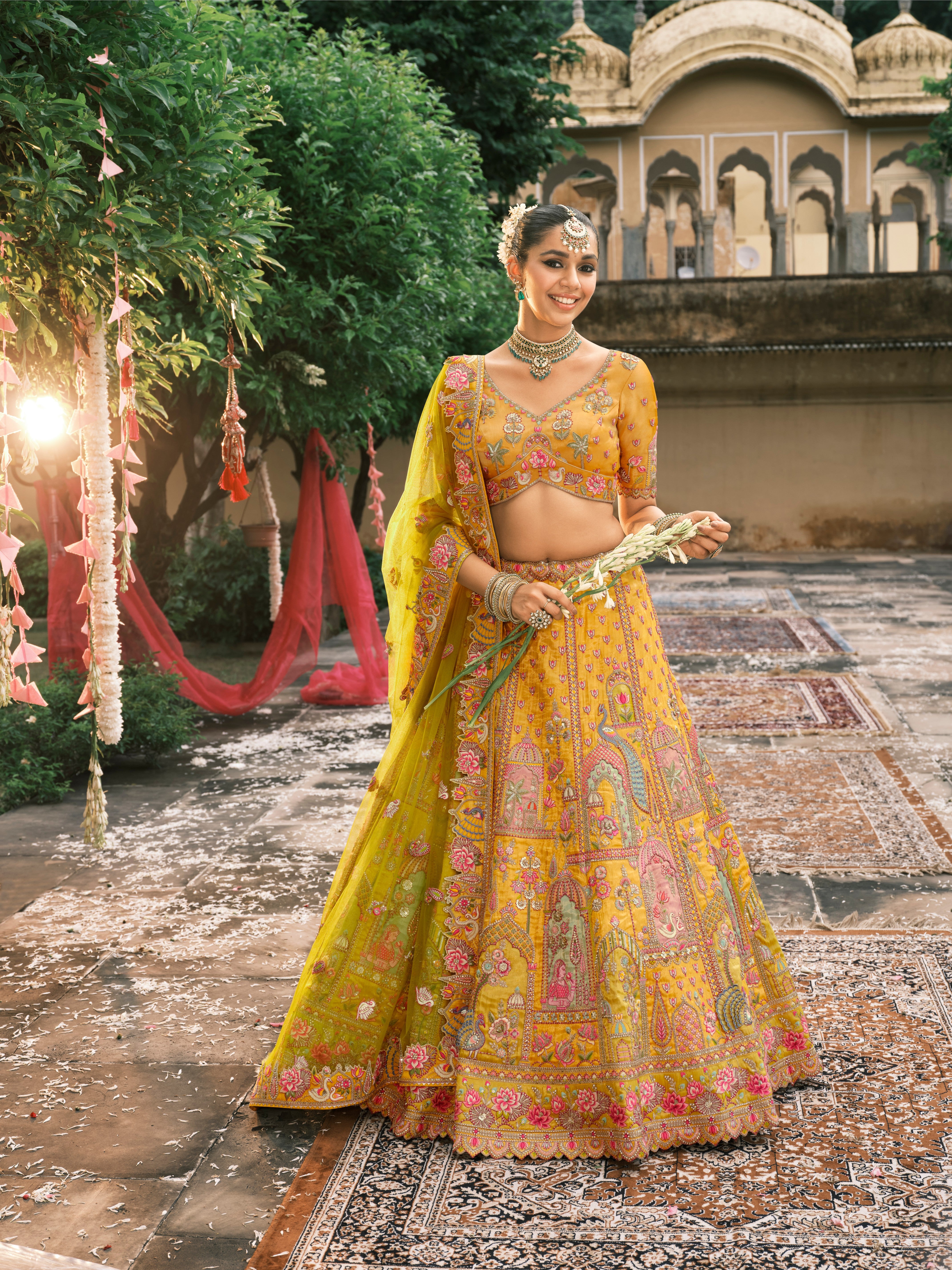 Mustard Yellow Silk Embroidery Designer Lehenga