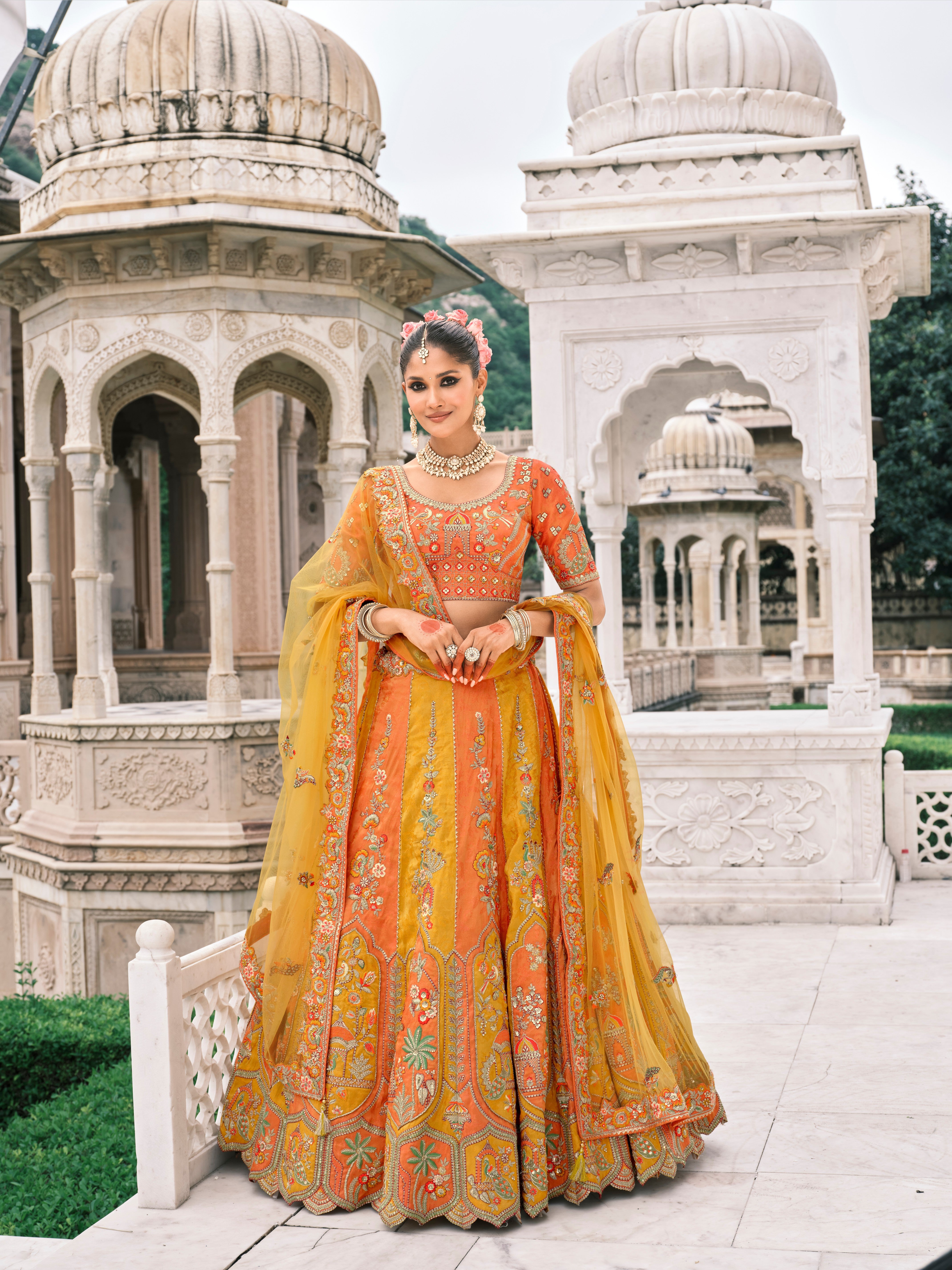 Yellow Orange Silk Embroidery Designer Lehenga