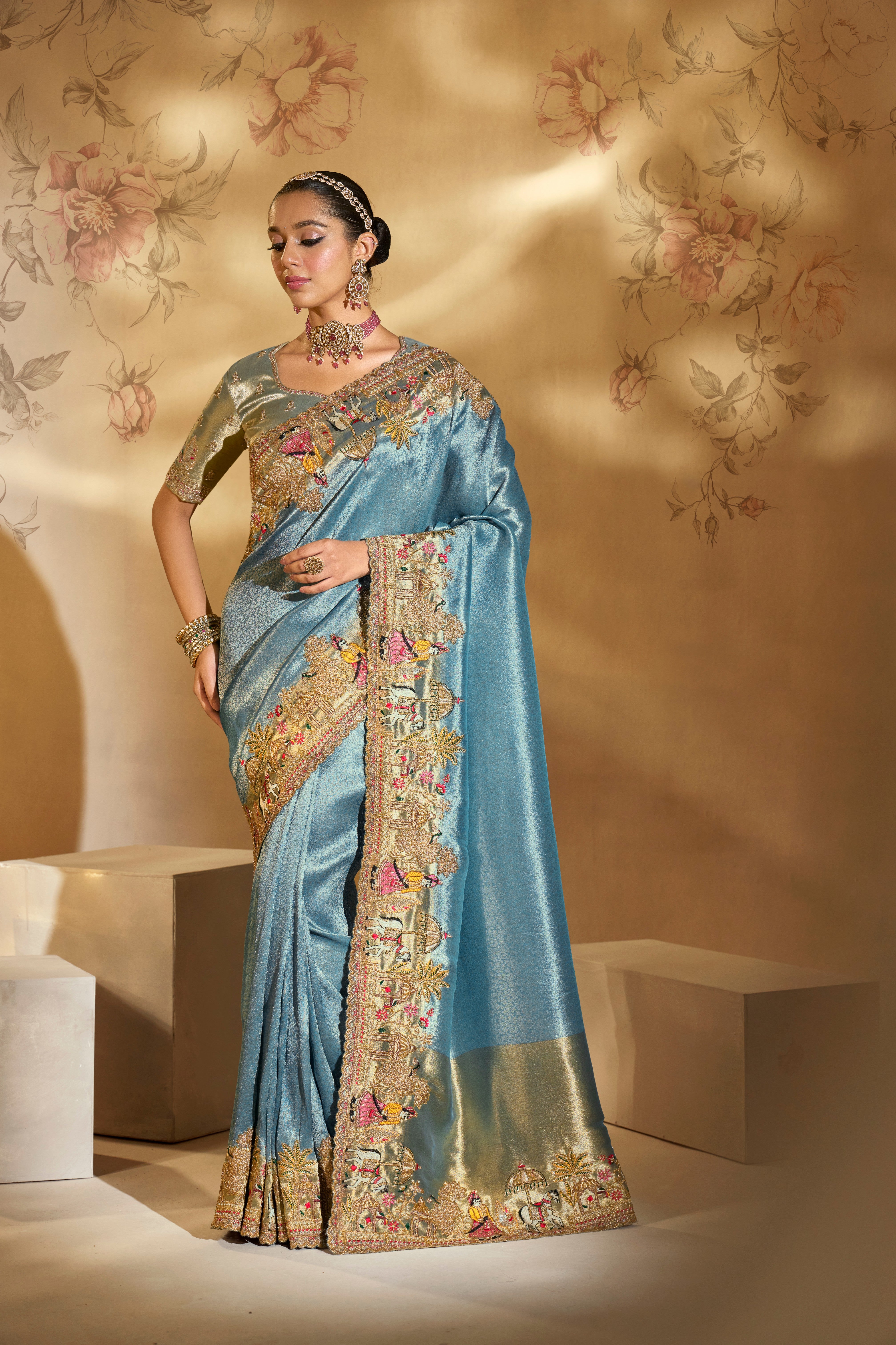 Sea Green Pure Giraffe Silk Handwork Saree