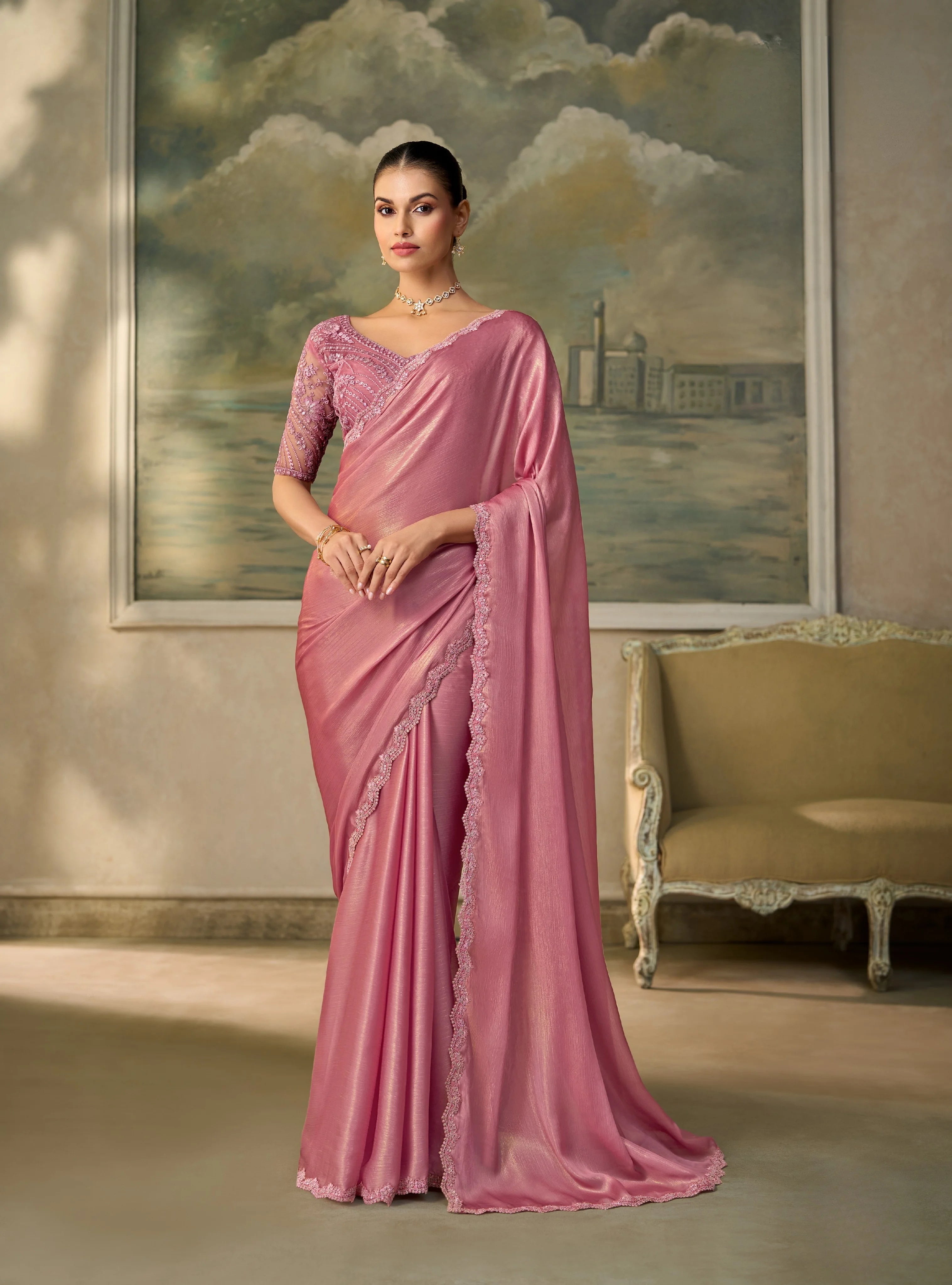 Chiffon Festival Wear Pink With Heavy Work