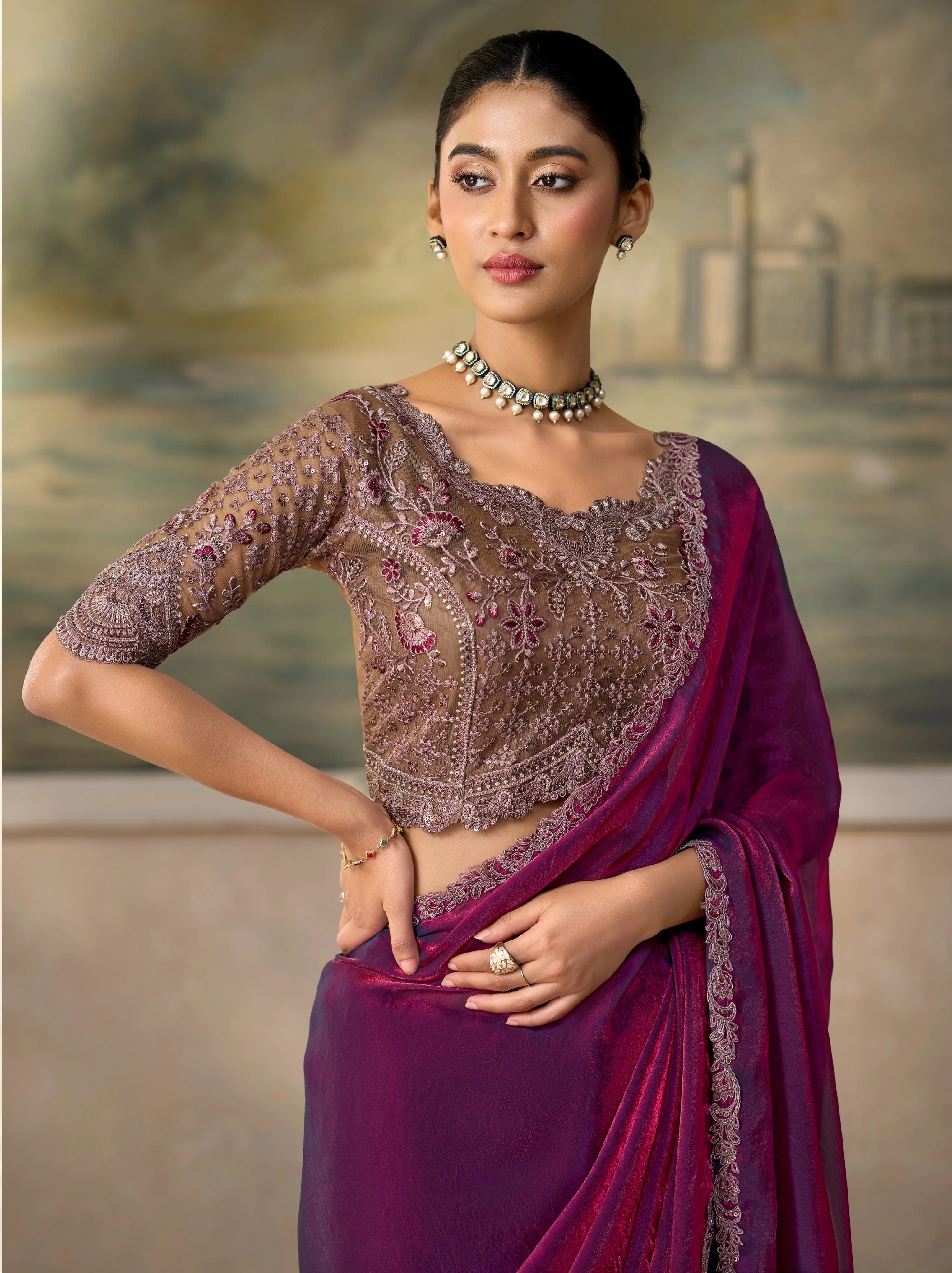 Satin Silk Festival Wear Wine With Heavy Work