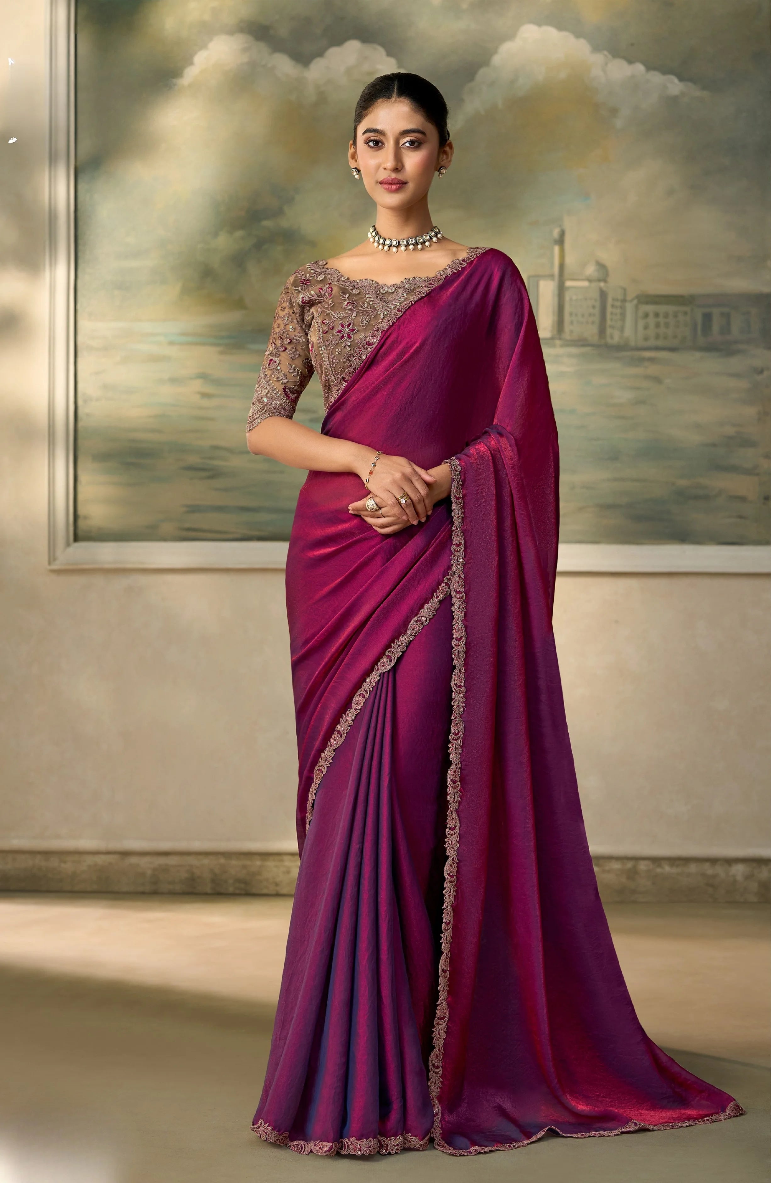 Satin Silk Festival Wear Wine With Heavy Work