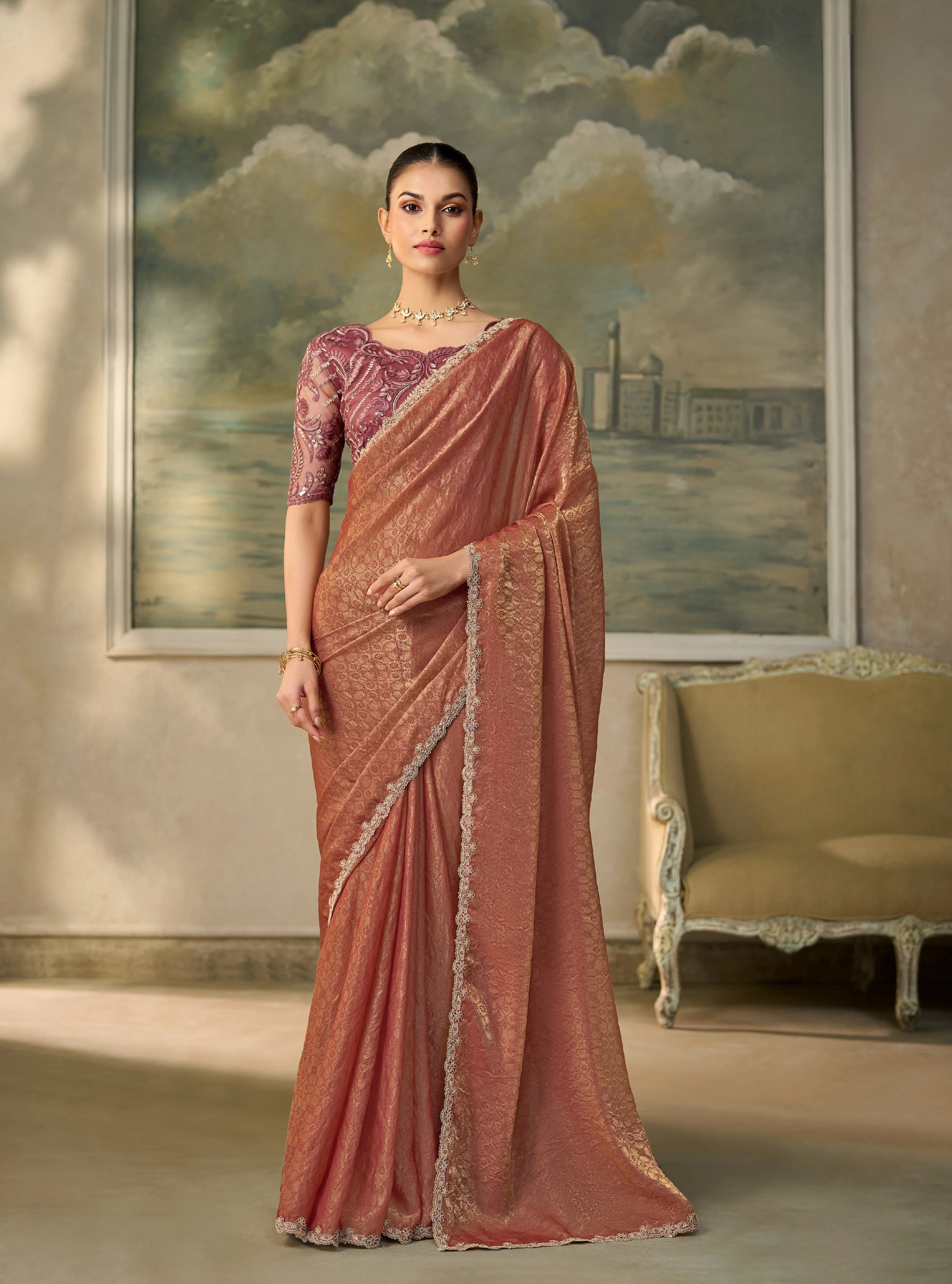 Georgette Festival Wear Dusty Rose With Heavy Work