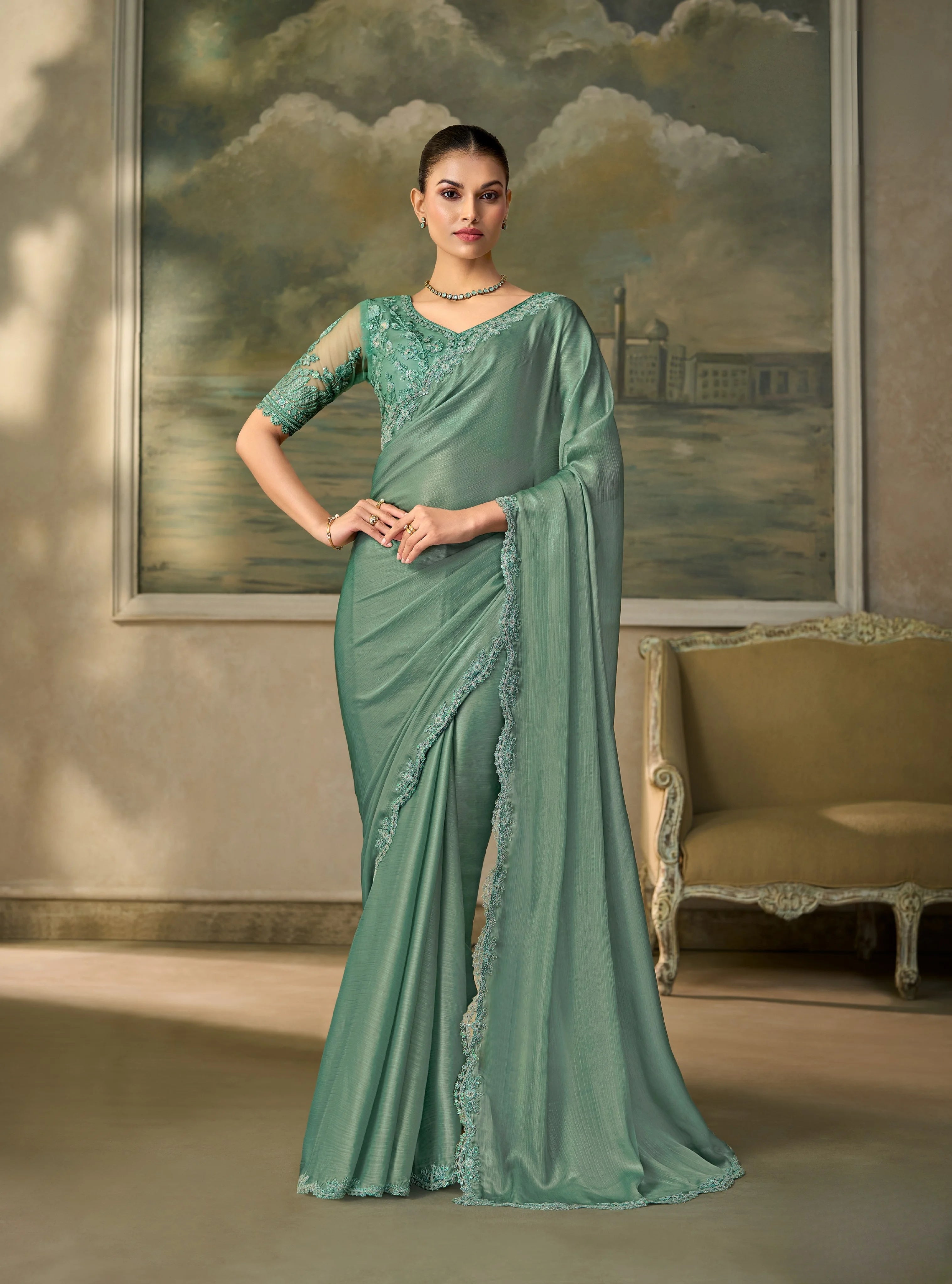 Chiffon Festival Wear Sage Green With Heavy Work