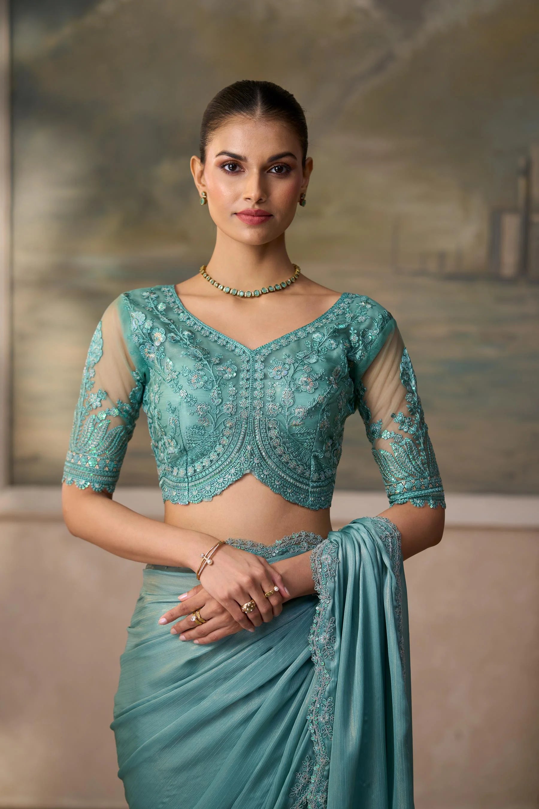Chiffon Festival Wear Sage Green With Heavy Work