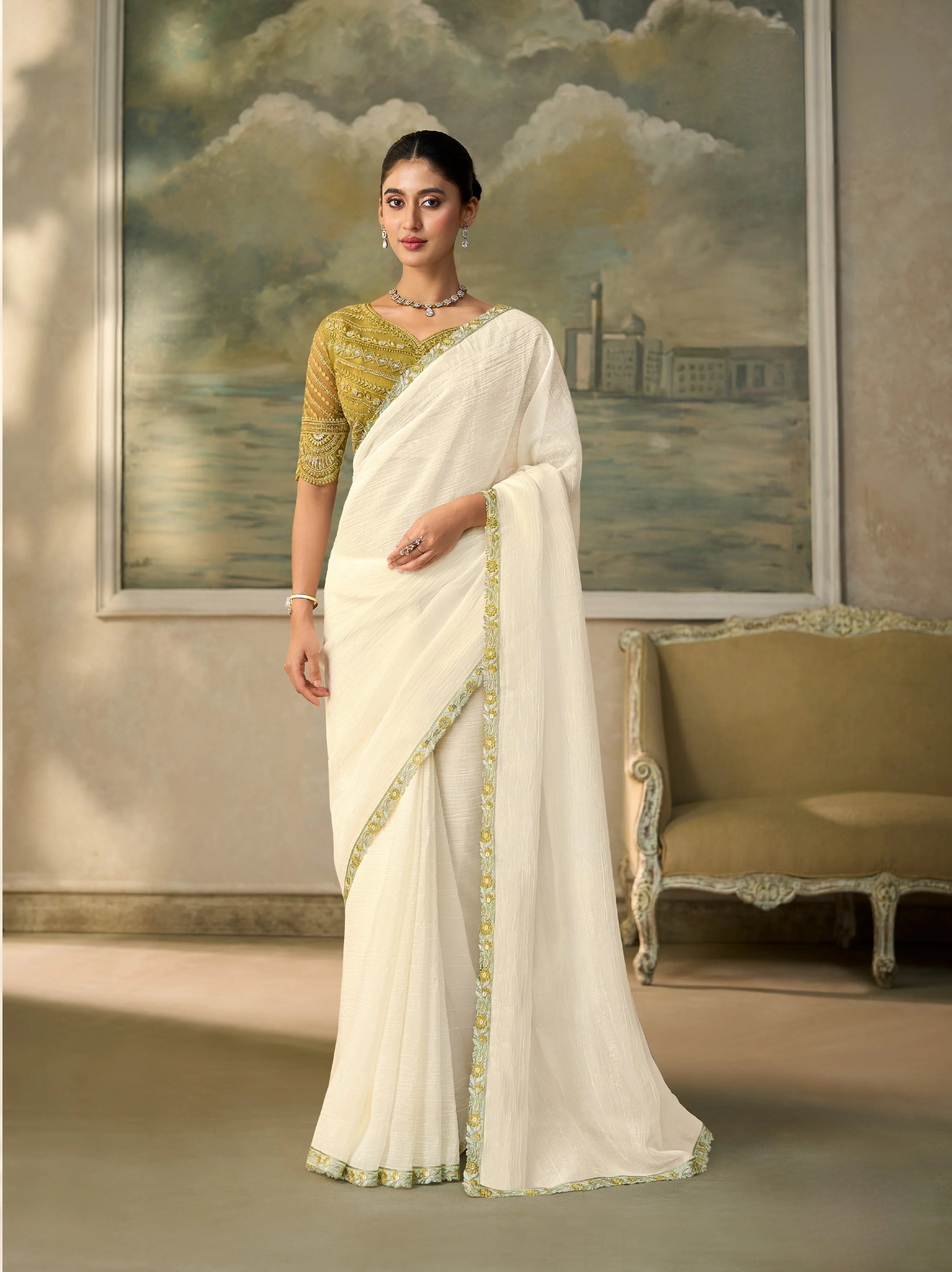 Chiffon Festival Wear Off White With Heavy Work