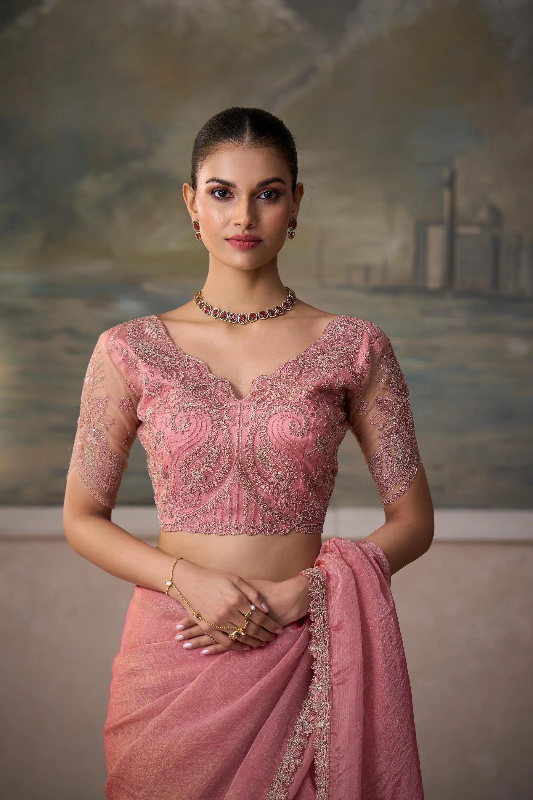 Tissue Festival Wear Peach With Heavy Work
