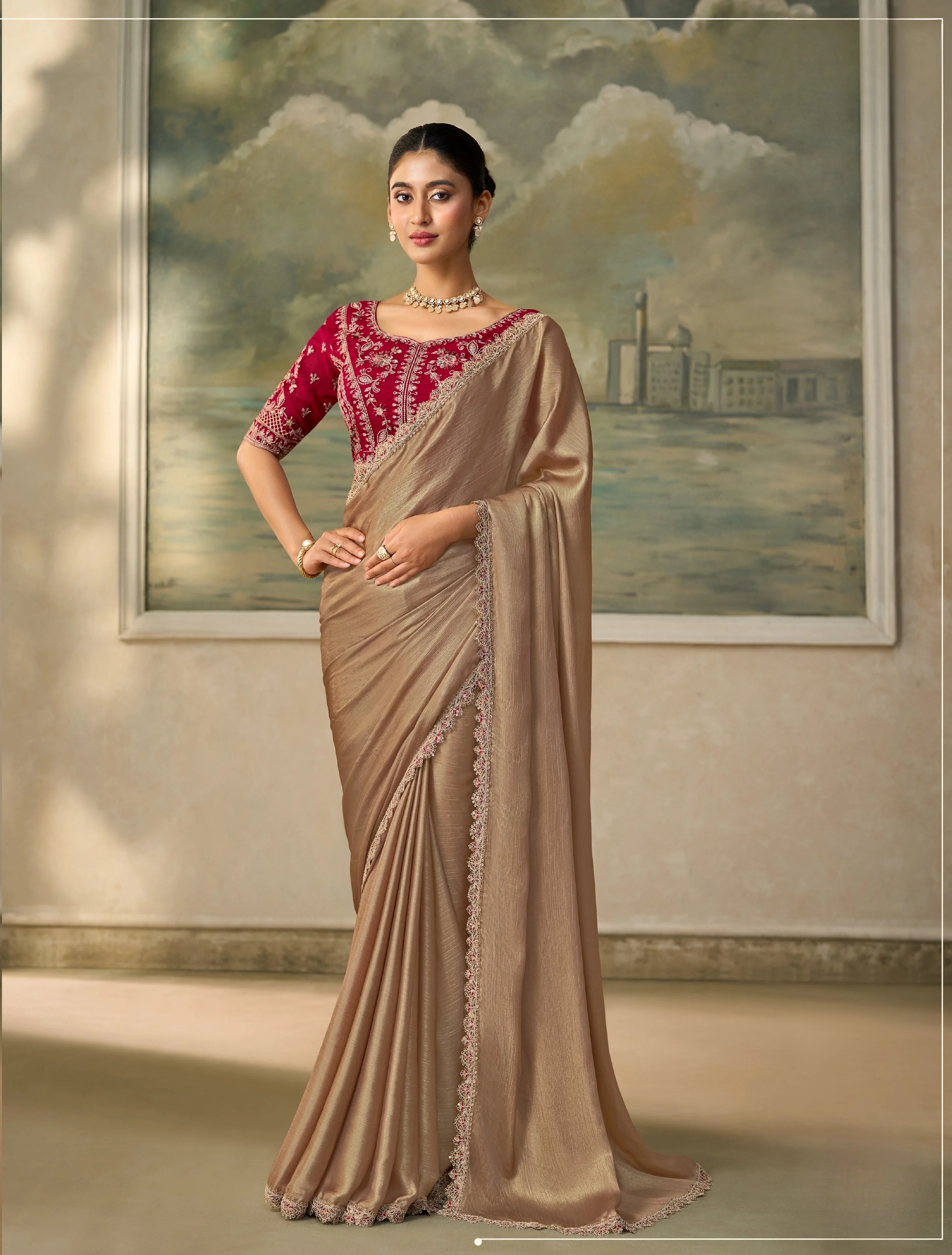 Chiffon Festival Wear Gold With Heavy Work