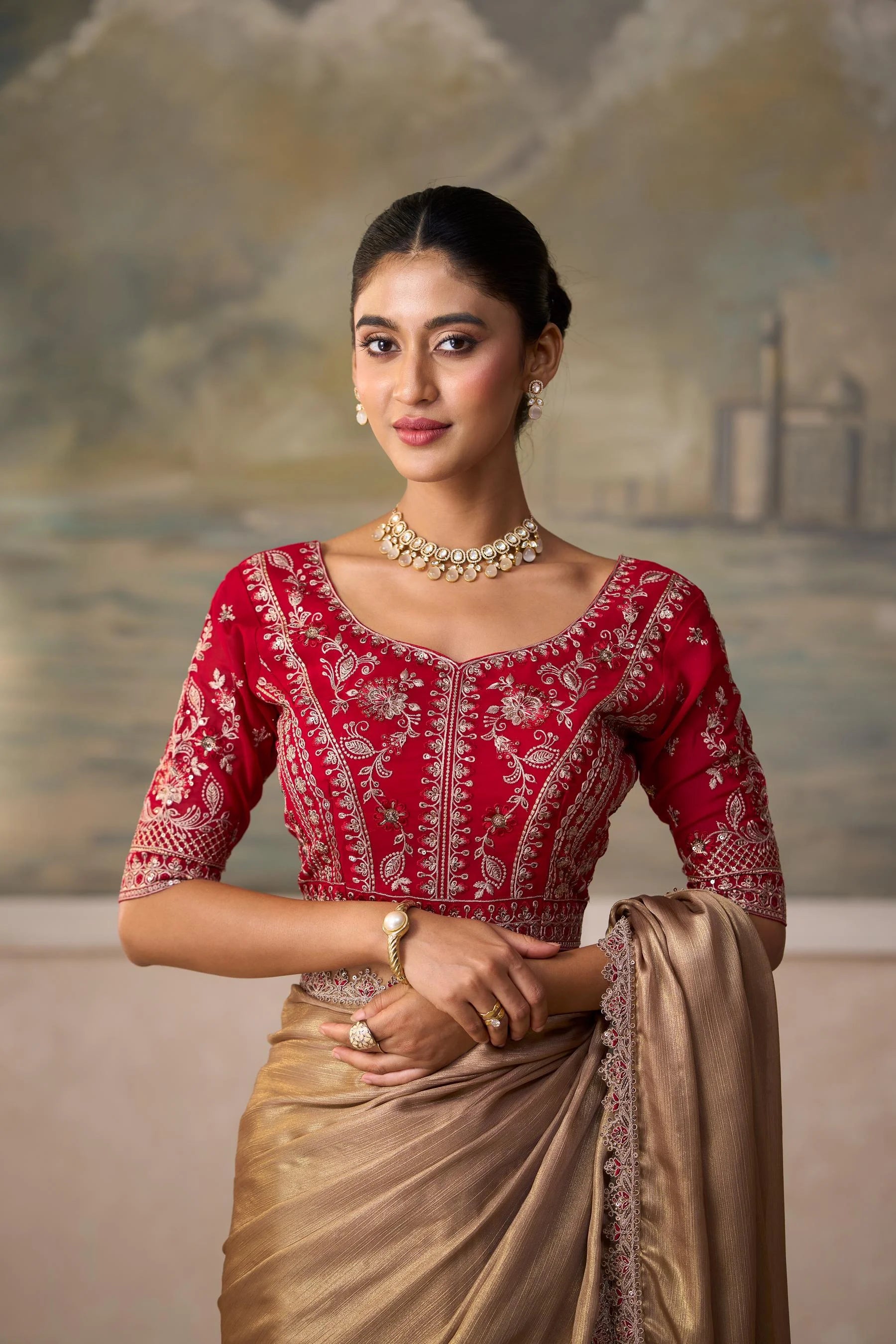 Chiffon Festival Wear Gold With Heavy Work