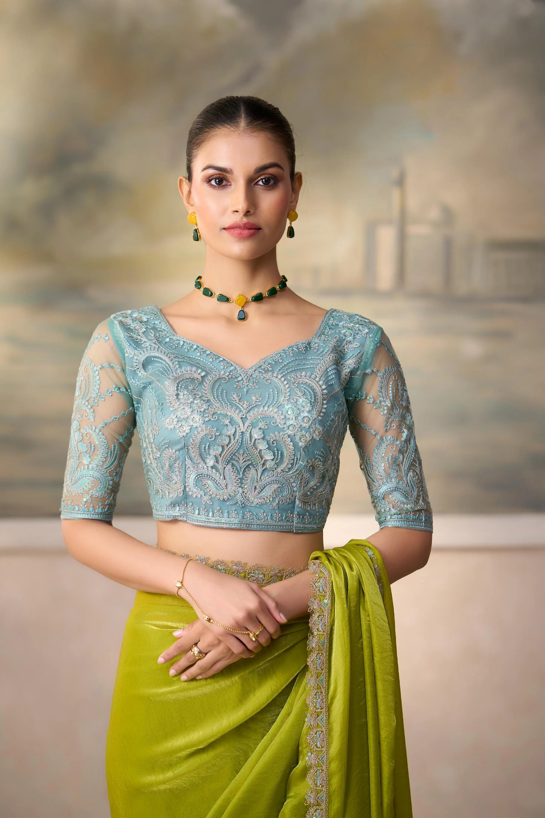 Satin Festival Wear Parrot With Heavy Work