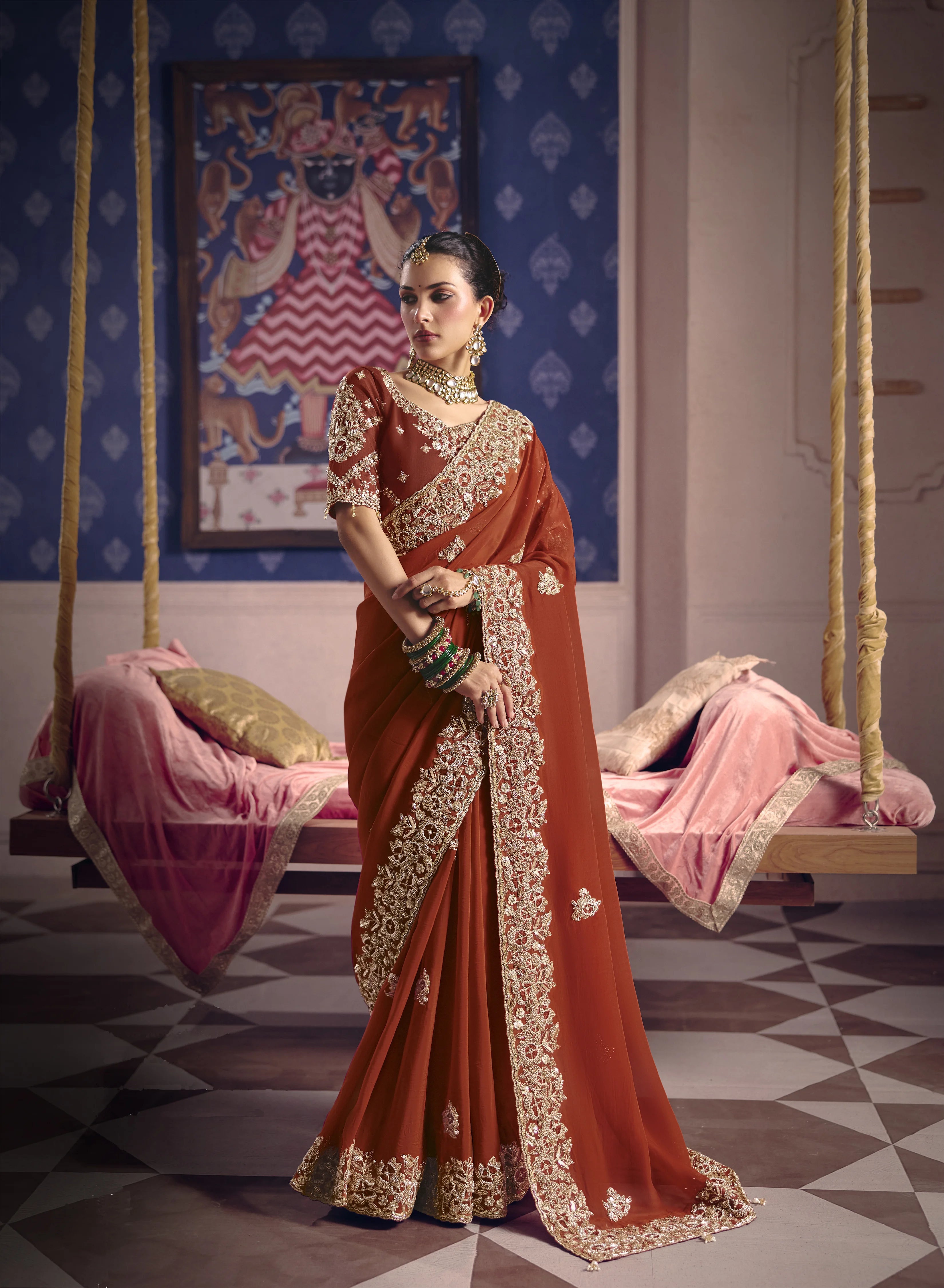 Viscose Zari Tissue Party Wear With Beads Work