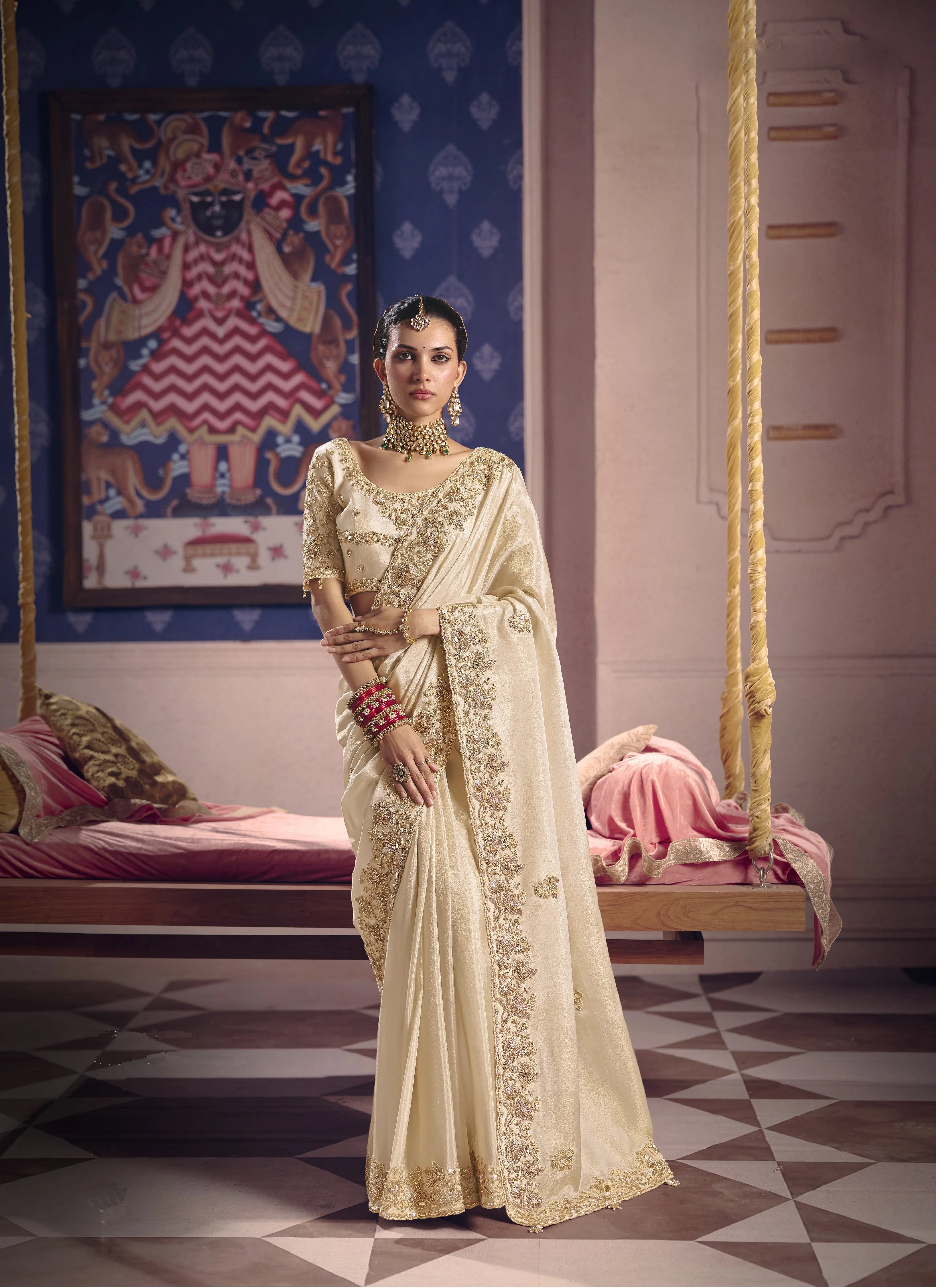Viscose Zari Tissue Party Wear With Beads Work