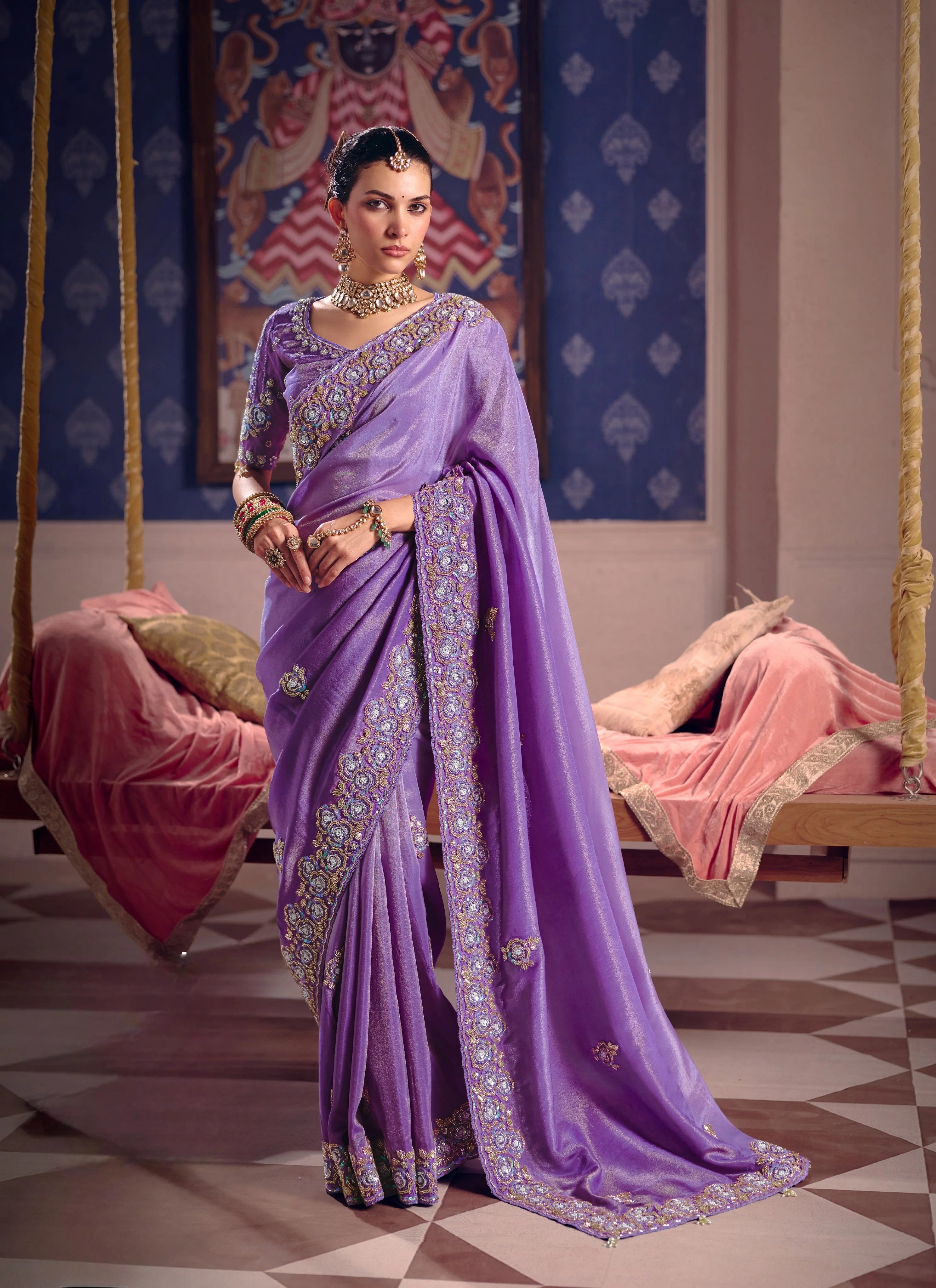 Viscose Zari Tissue Party Wear Lavendar With Beads Work
