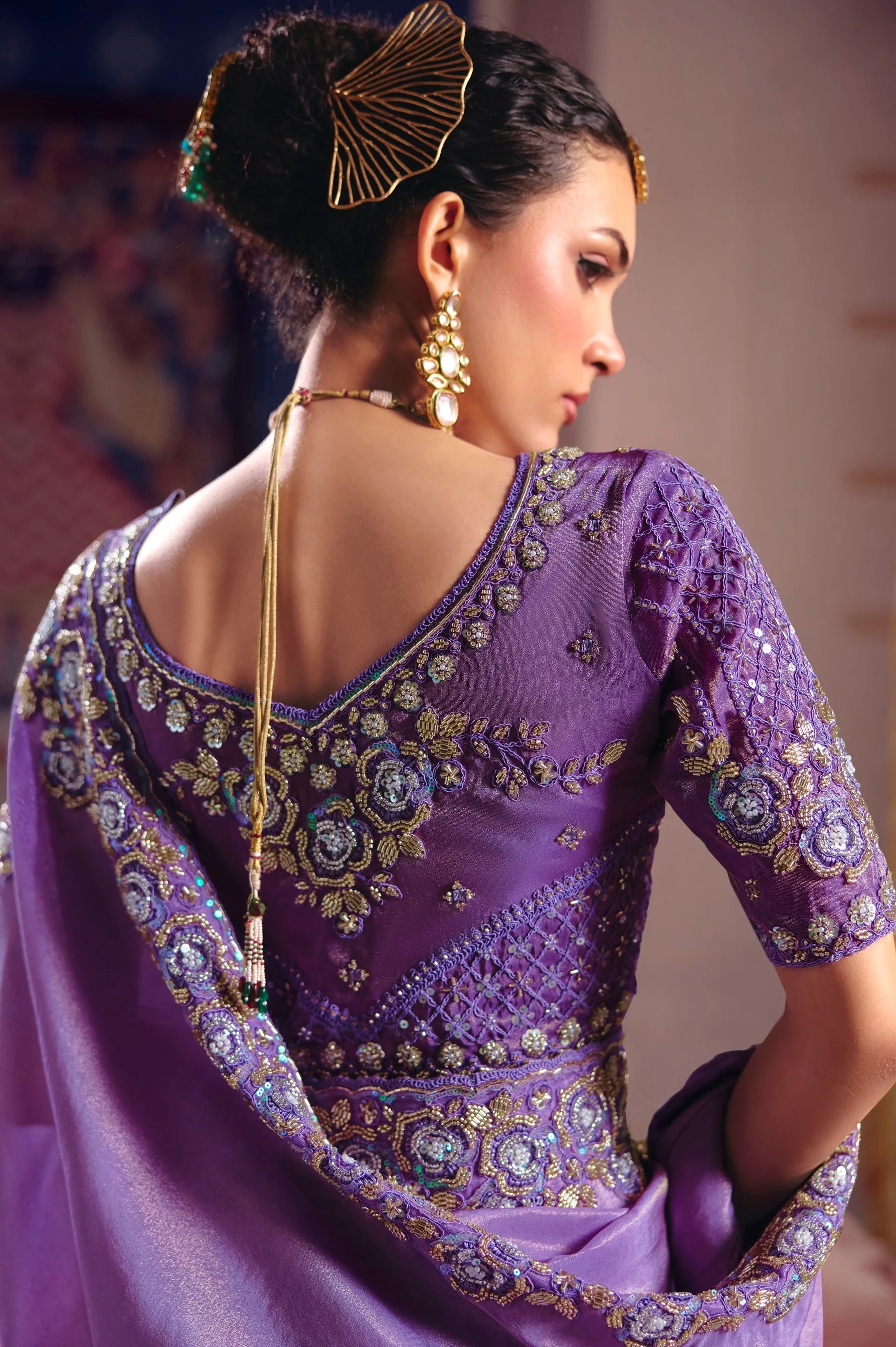 Viscose Zari Tissue Party Wear Lavendar With Beads Work