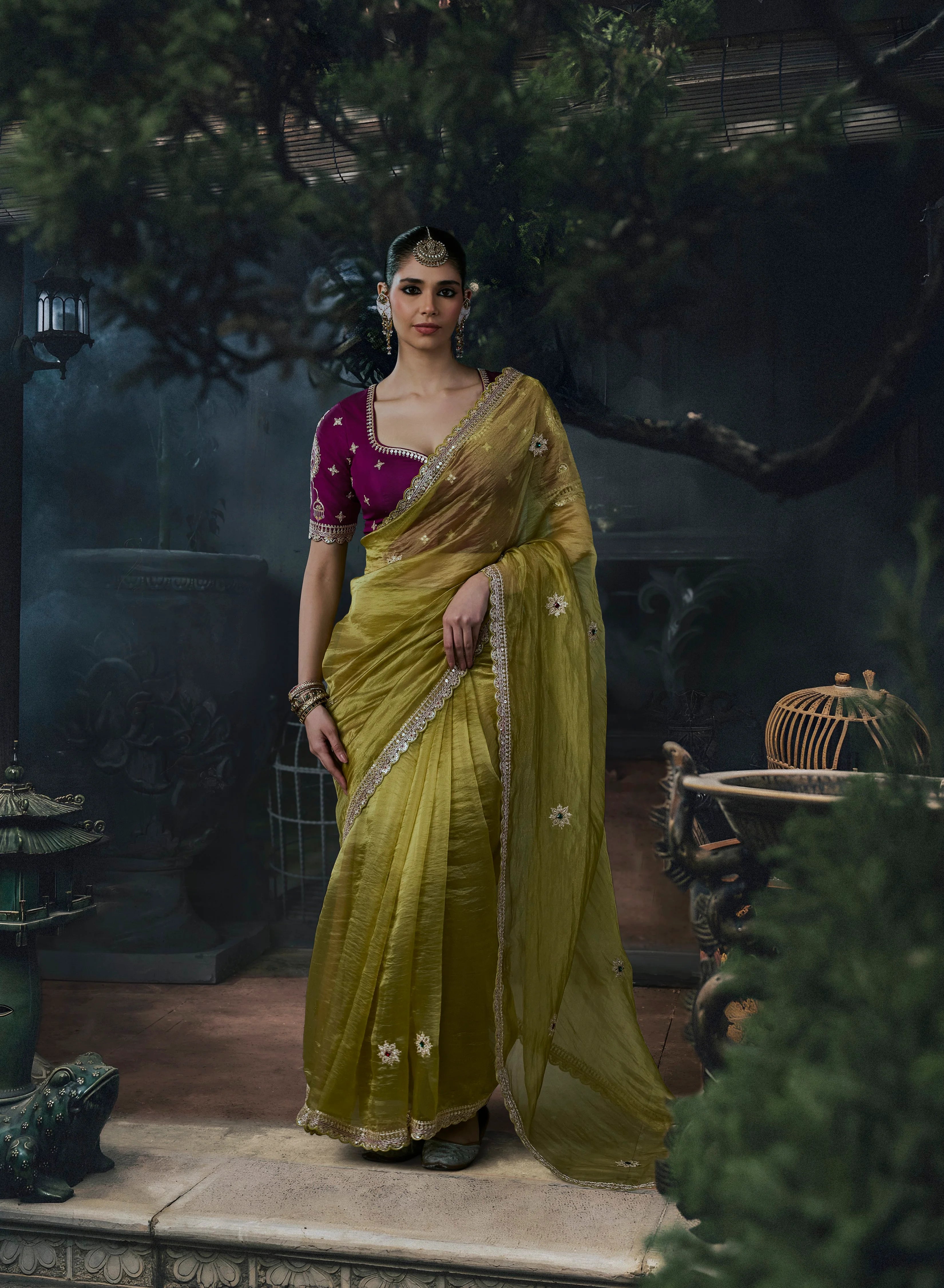 Tissue Silk Party Wear Green With Embroidery Work