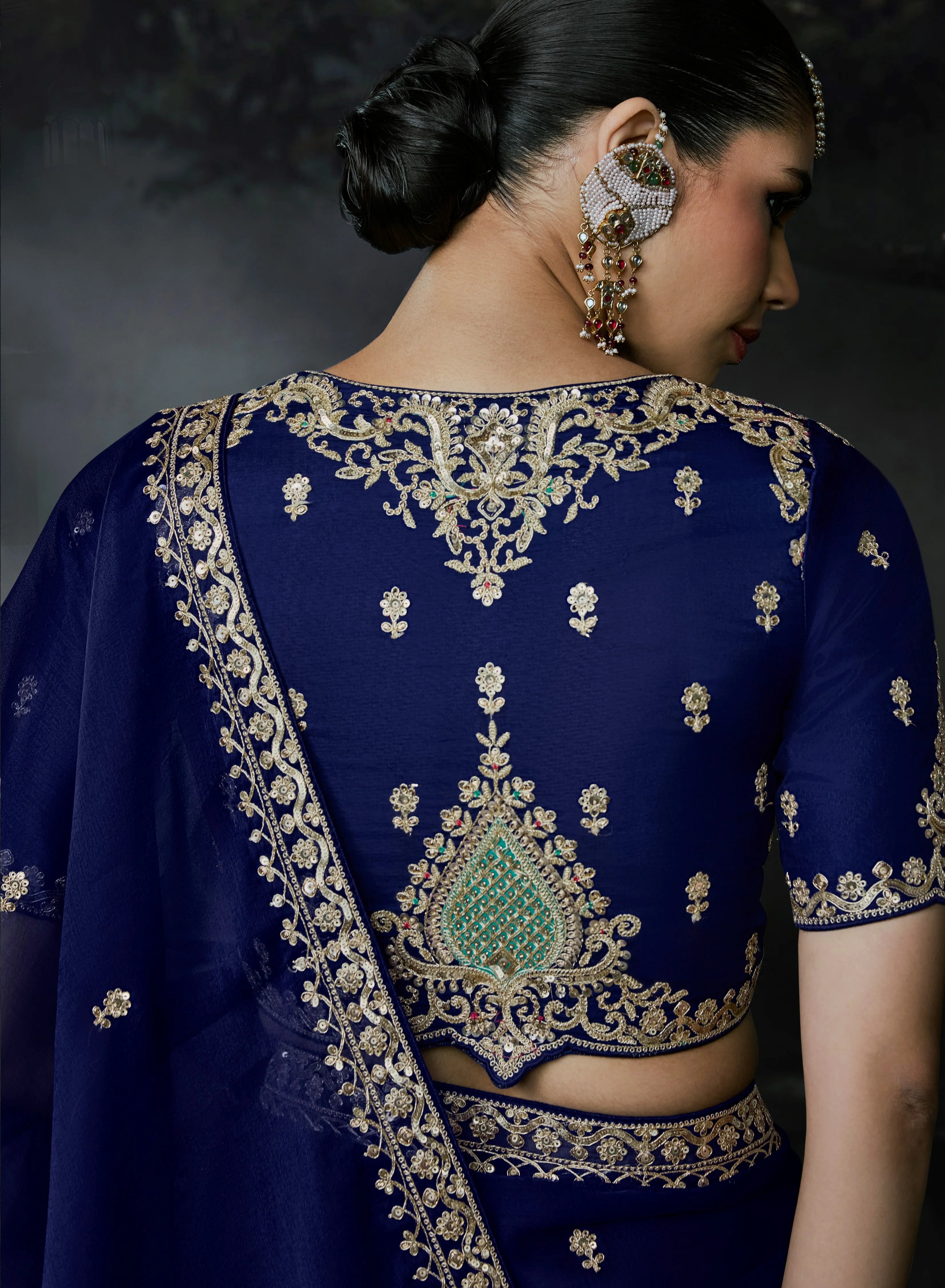 Tissue Organza Party Wear Dark Blue With Thread Work