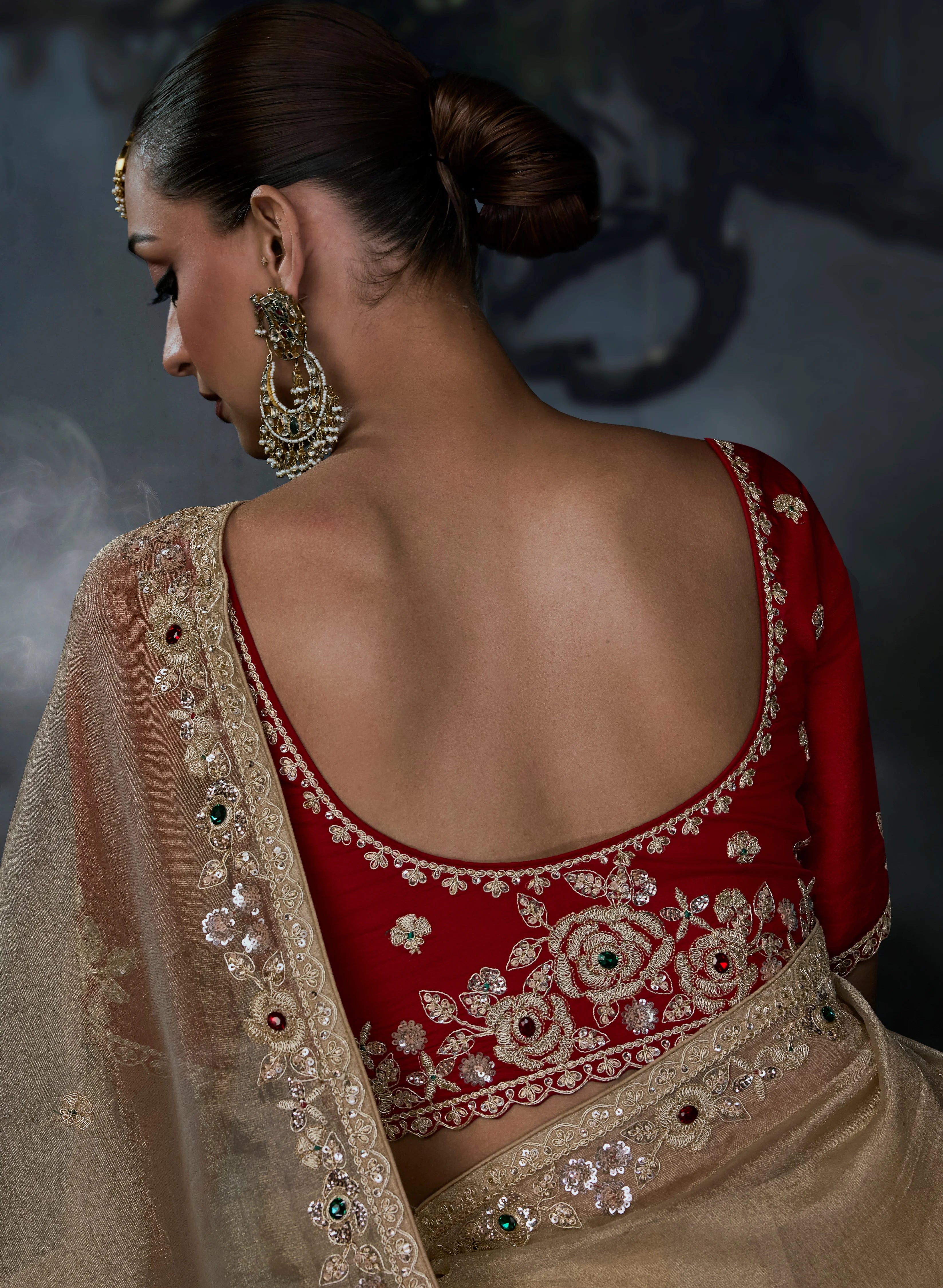 Tissue Organza Party Wear Antique Gold With Thread Work