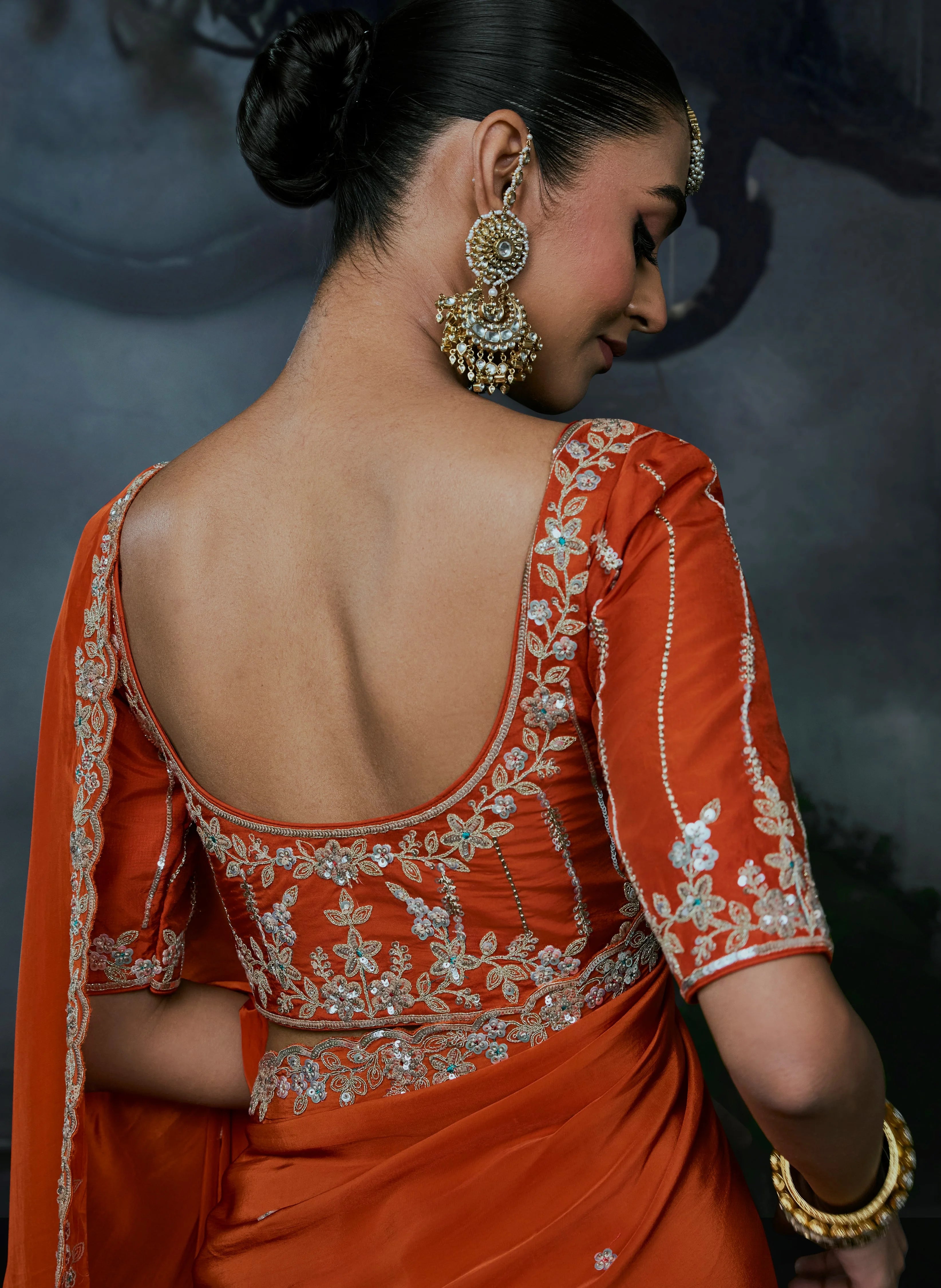 Tissue Organza Party Wear Orange With Embroidery Work