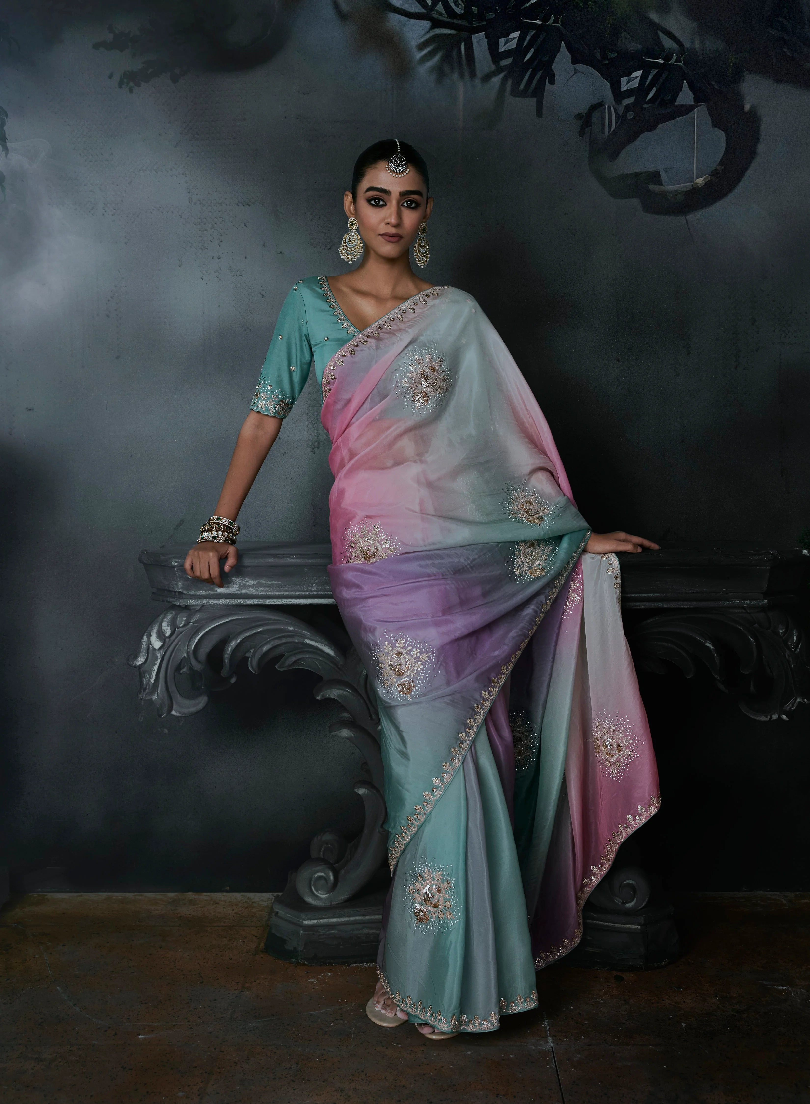 Tissue Organza Party Wear Multicolor With Thread Work