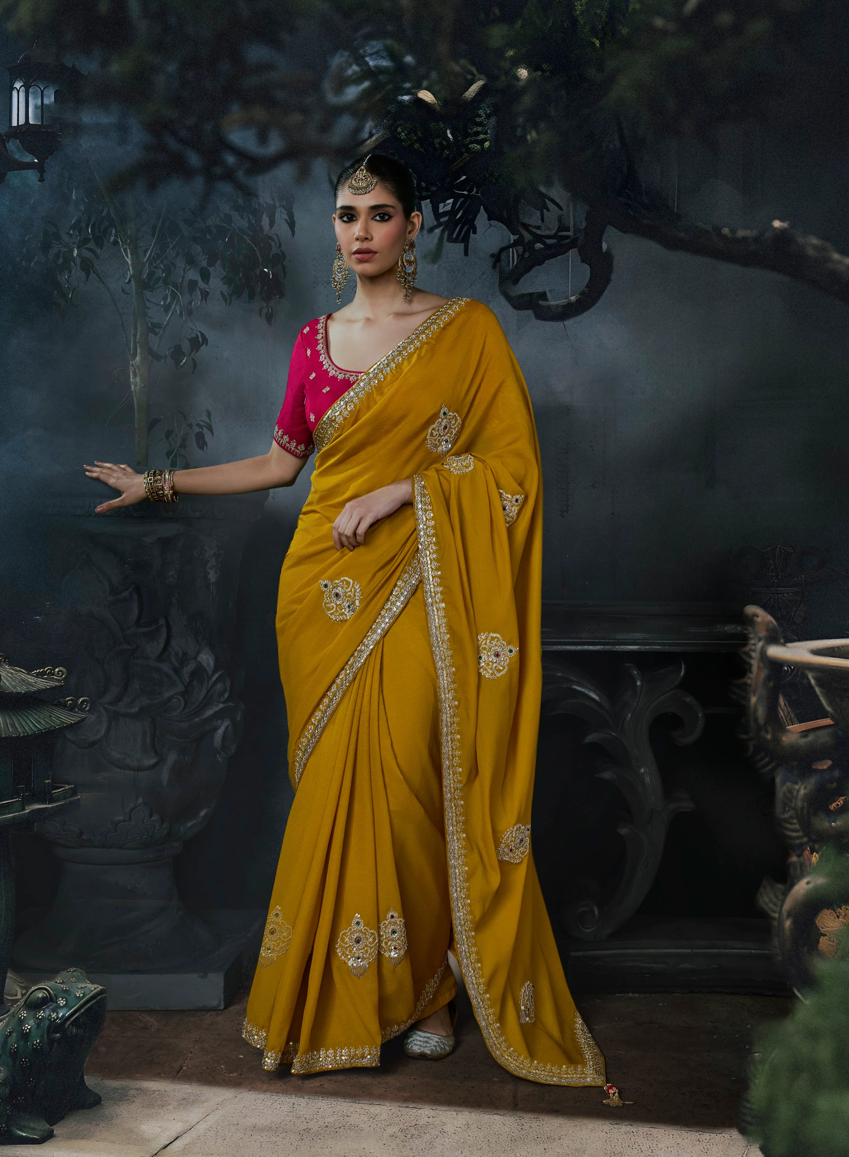 Tissue Organza Party Wear Mustard With Thread Work