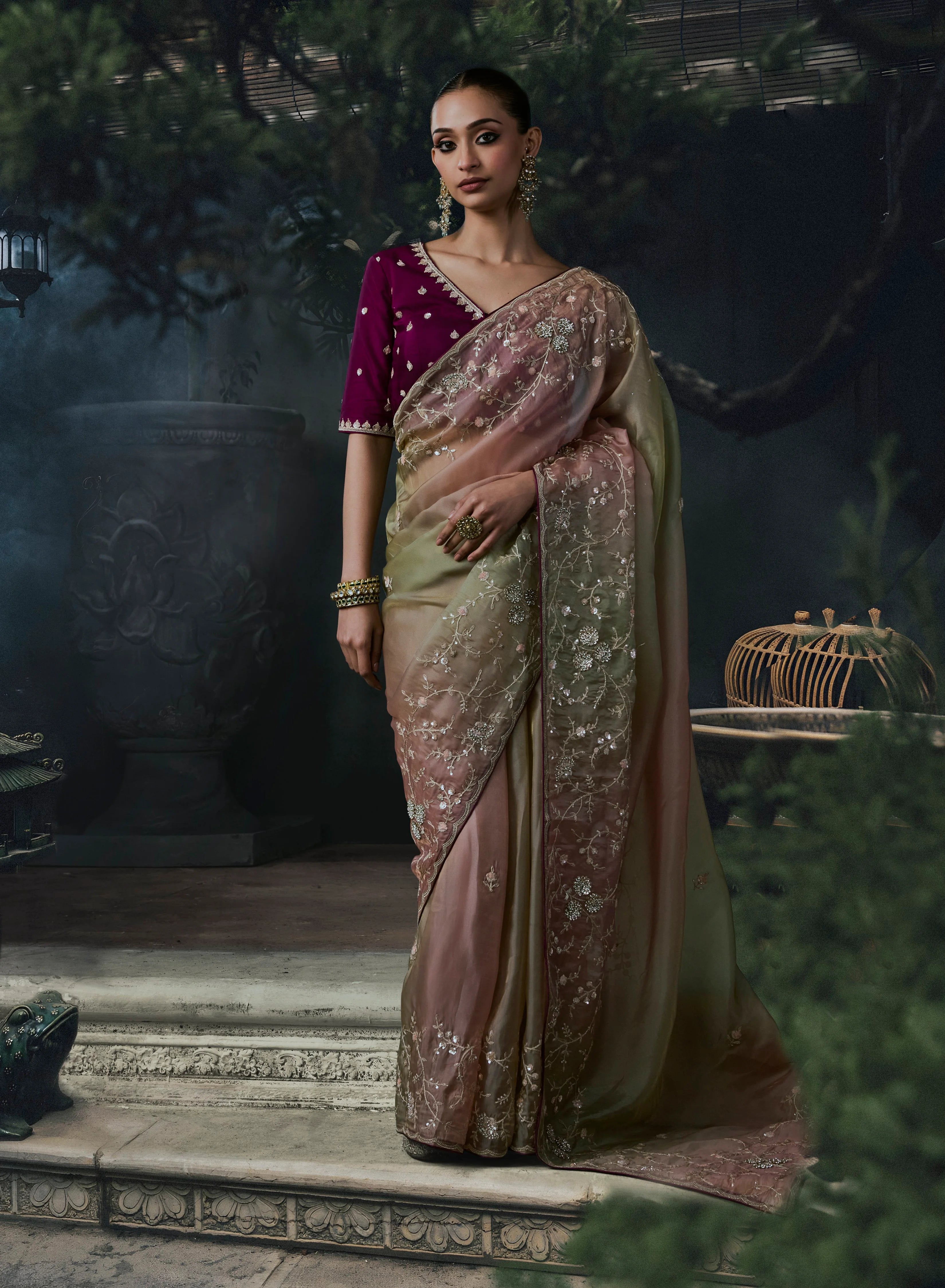 Tissue Party Wear Multicolor With Embroidery Work