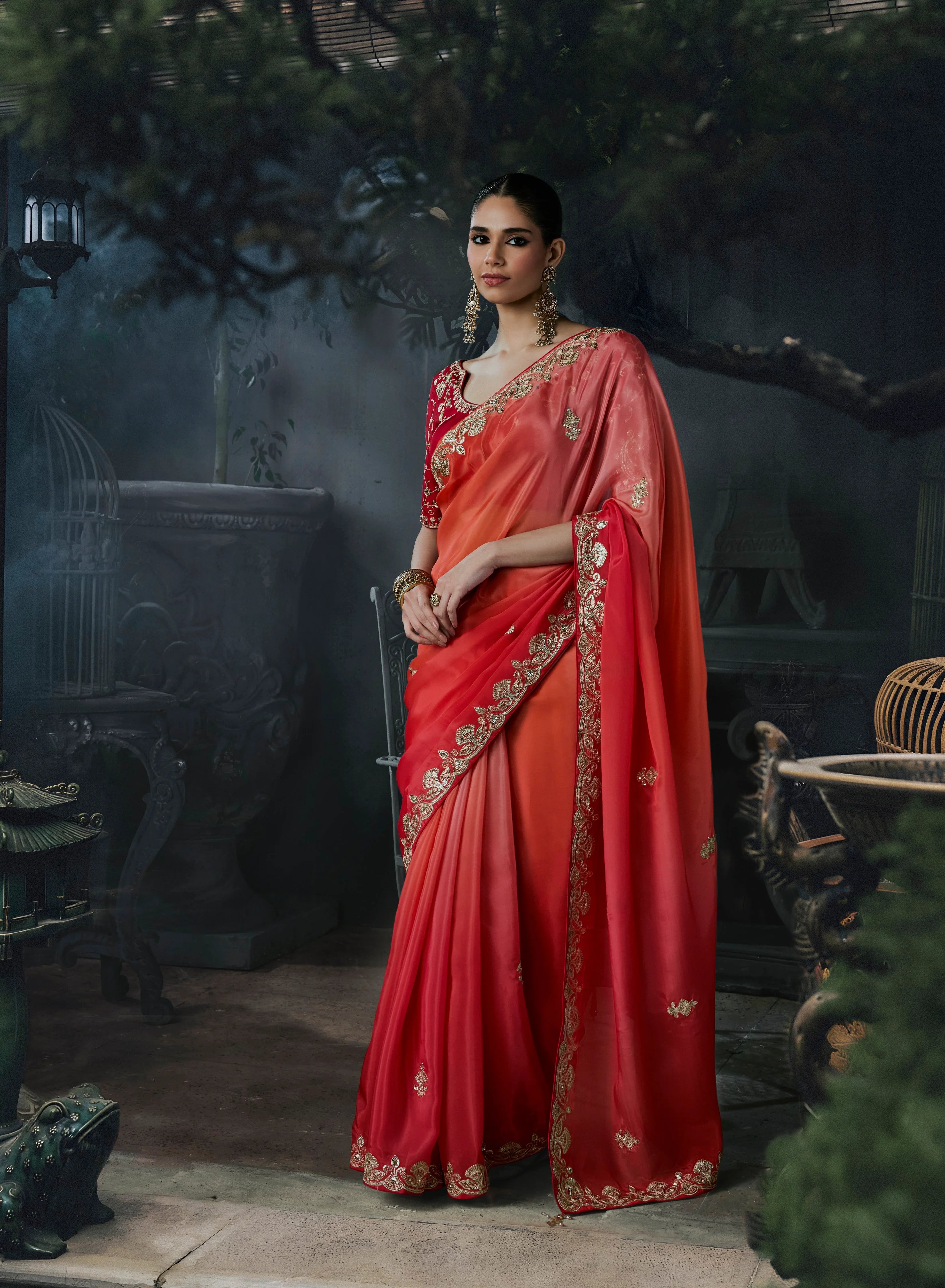 Tissue Organza Party Wear Red With Thread Work