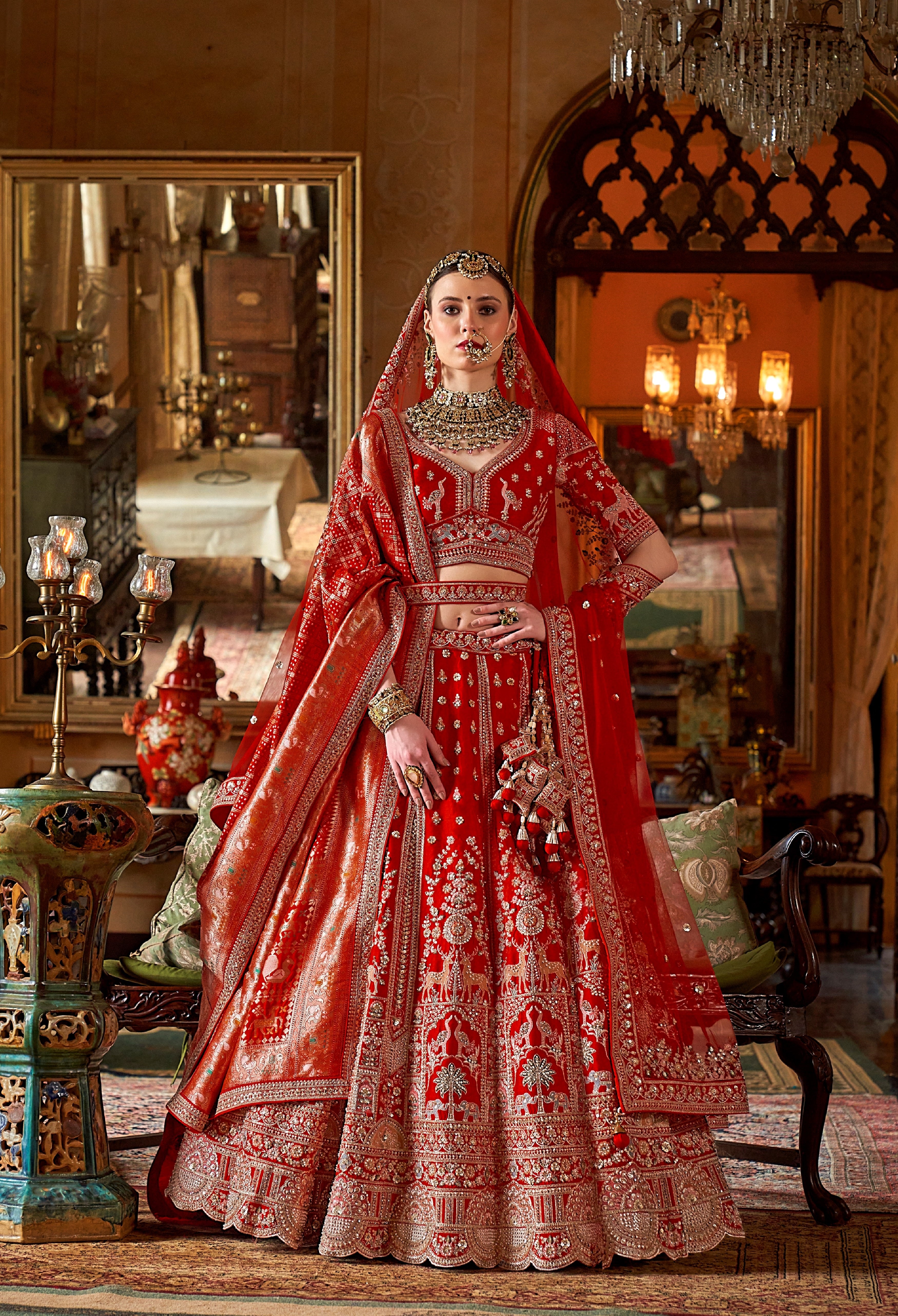 Red Bridal Silk Embroidered Lehenga