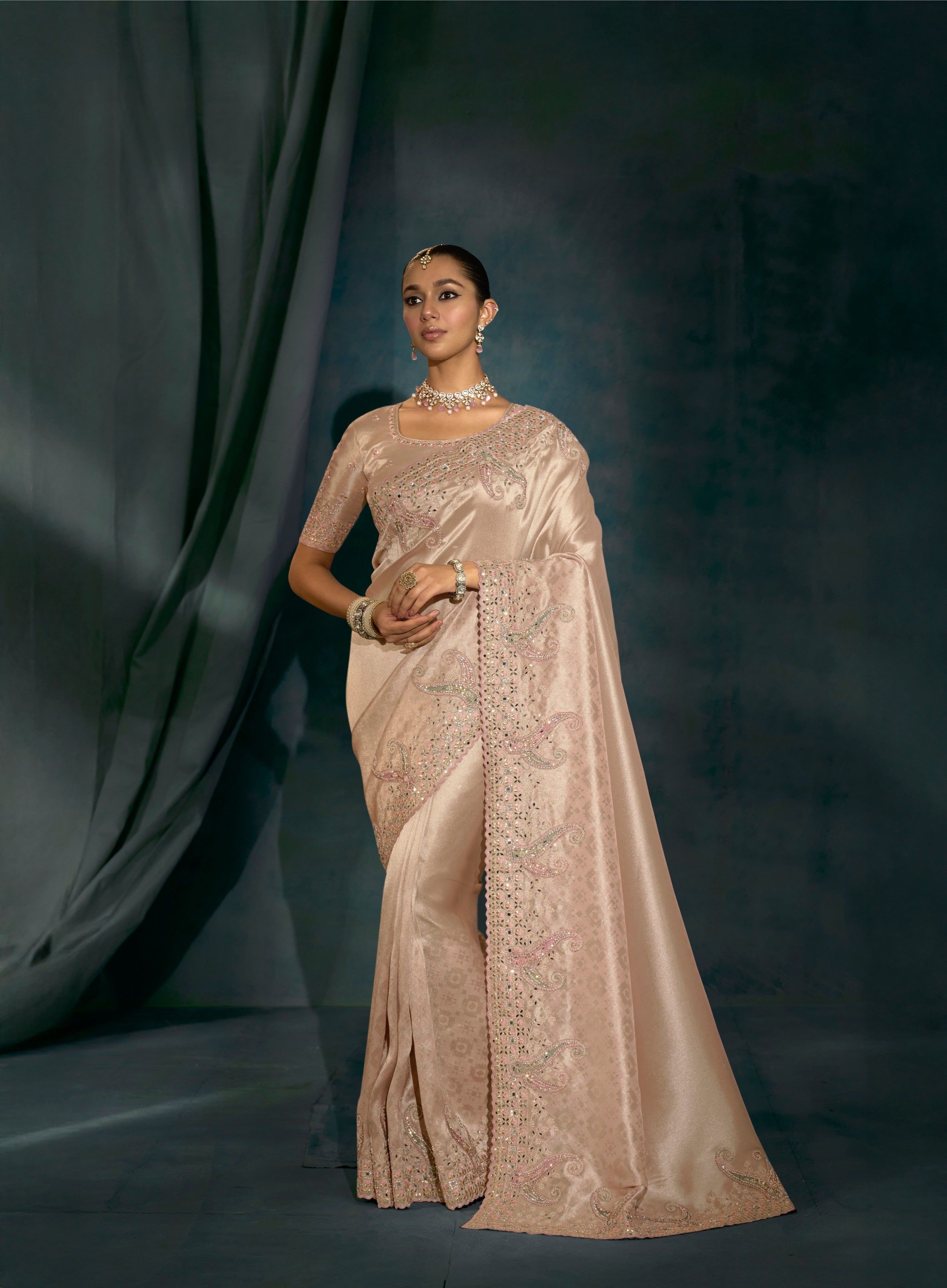 Rose Gold Pure Ziraf Silk Jari Thread Handwork Saree