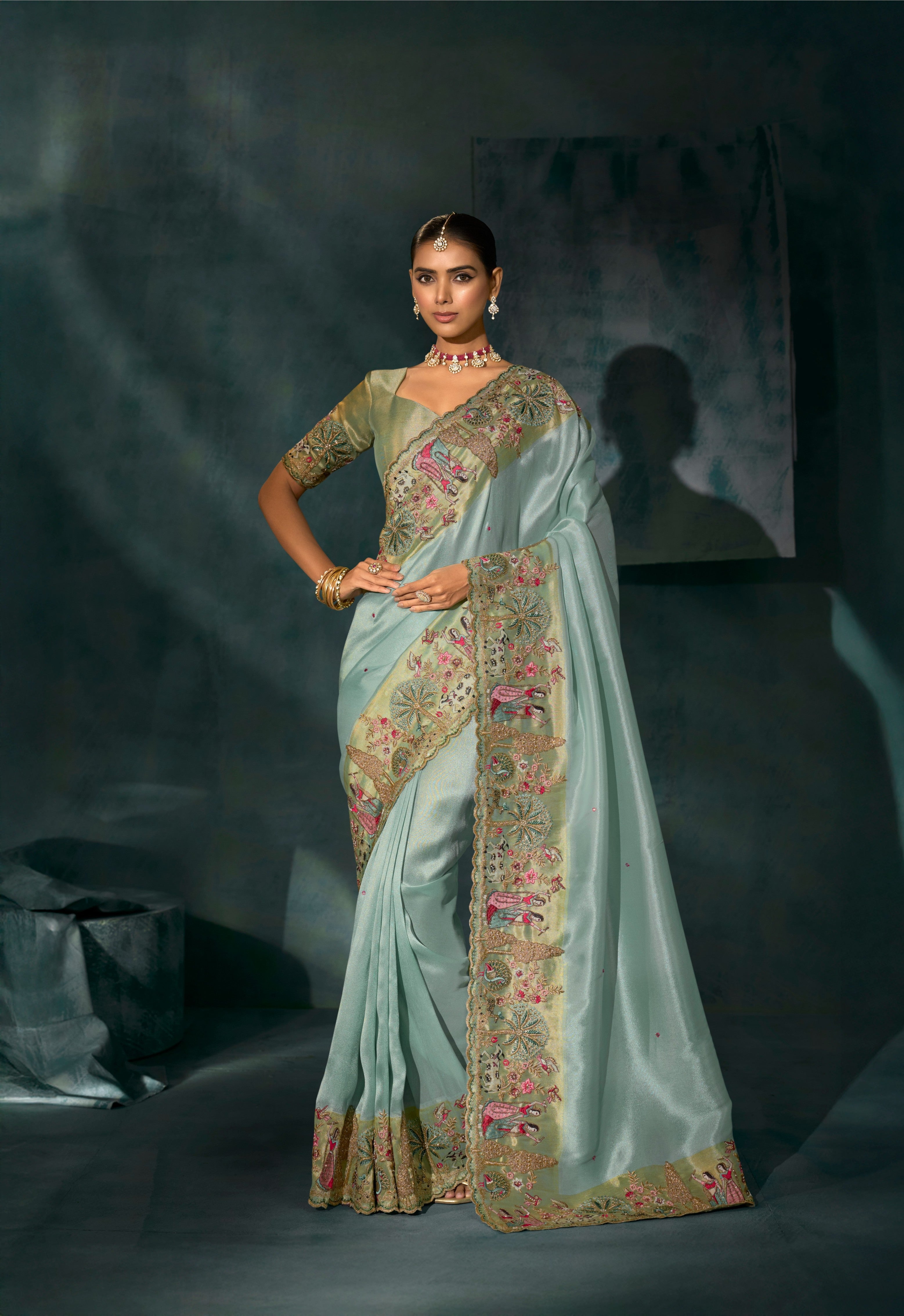 Sea Green Pure Ziraf Silk Jari Thread Work Saree
