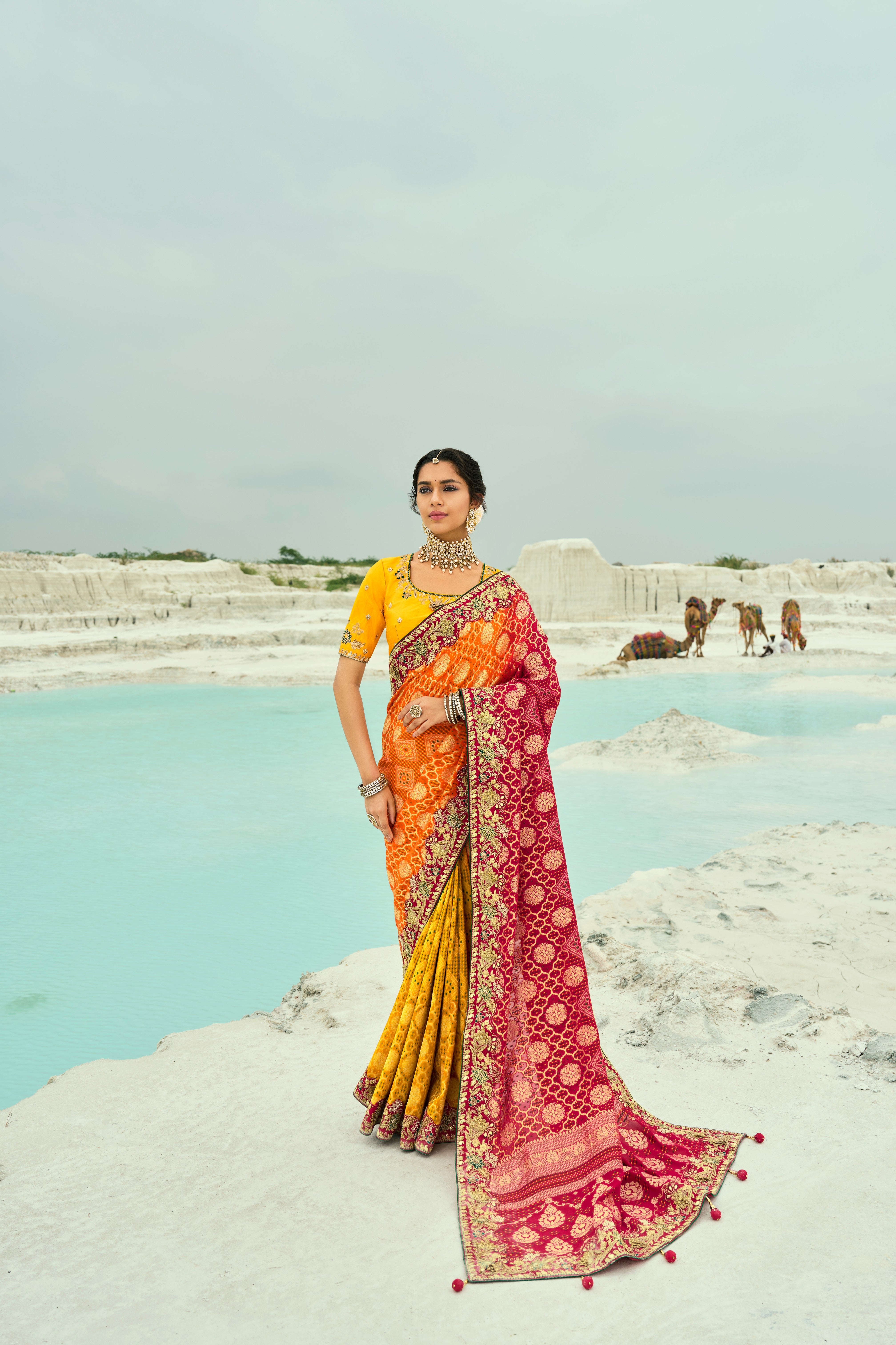 Red Mustard Pure Georgette Work Saree