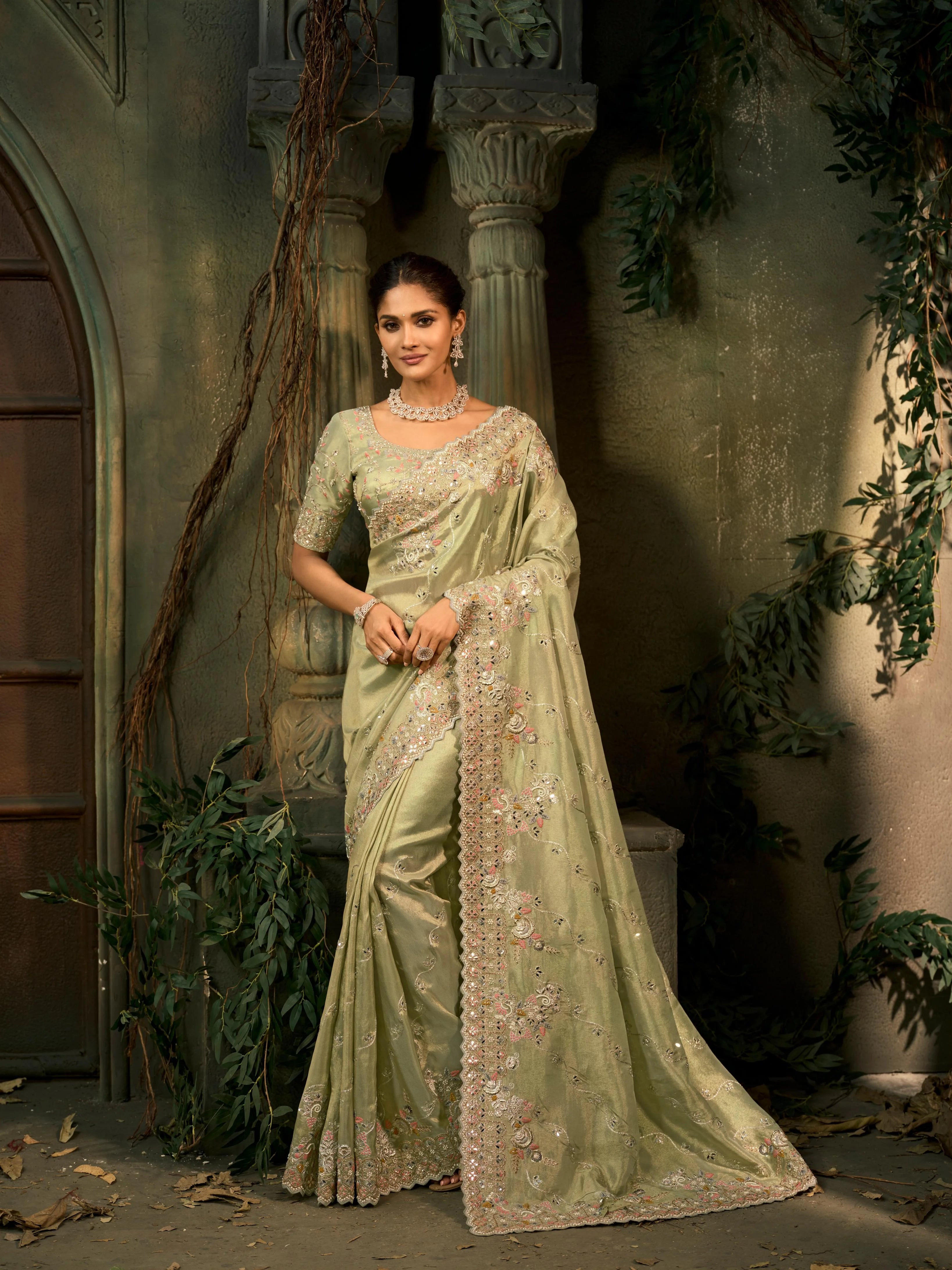 Pure Kanjipuram Silk Wedding Wear Mehendi With Mirror Work