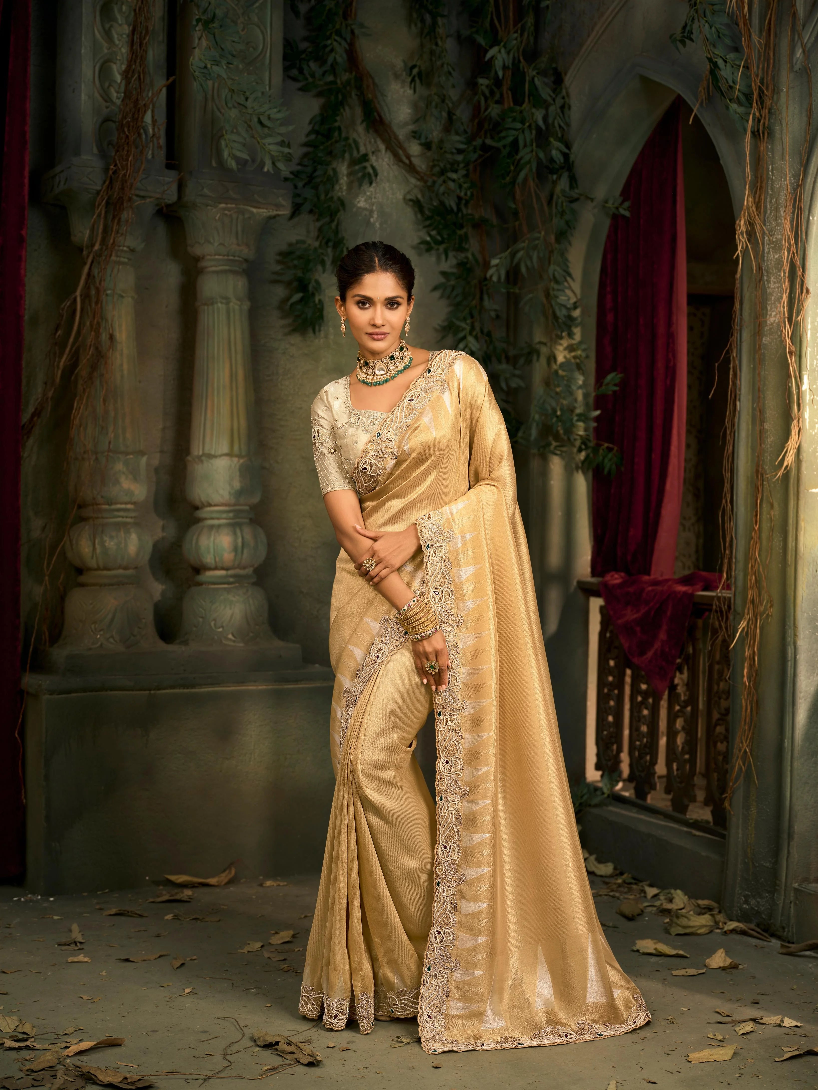 Pure Giraffe Silk Wedding Wear Gold With Mirror Work