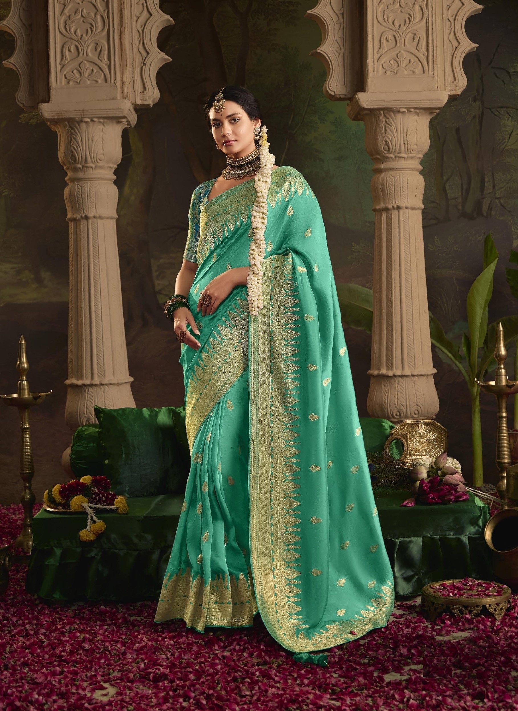 Green Pure Crepe Dola Silk Zari Work Saree