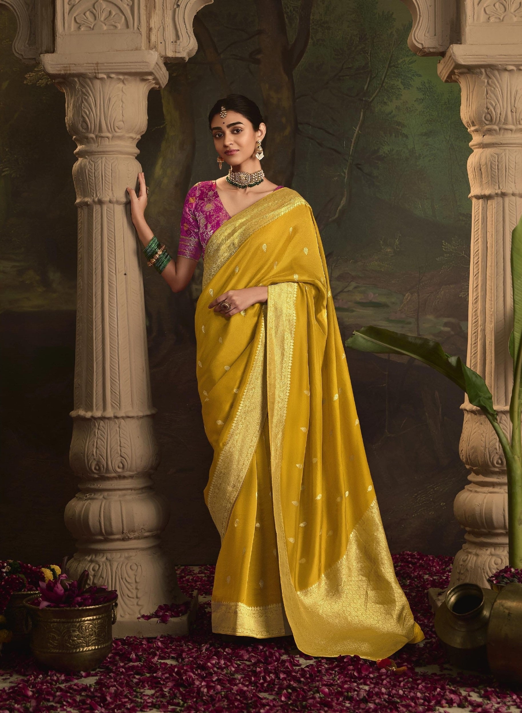 Yellow Pure Crepe Dola Silk Zari Work saree