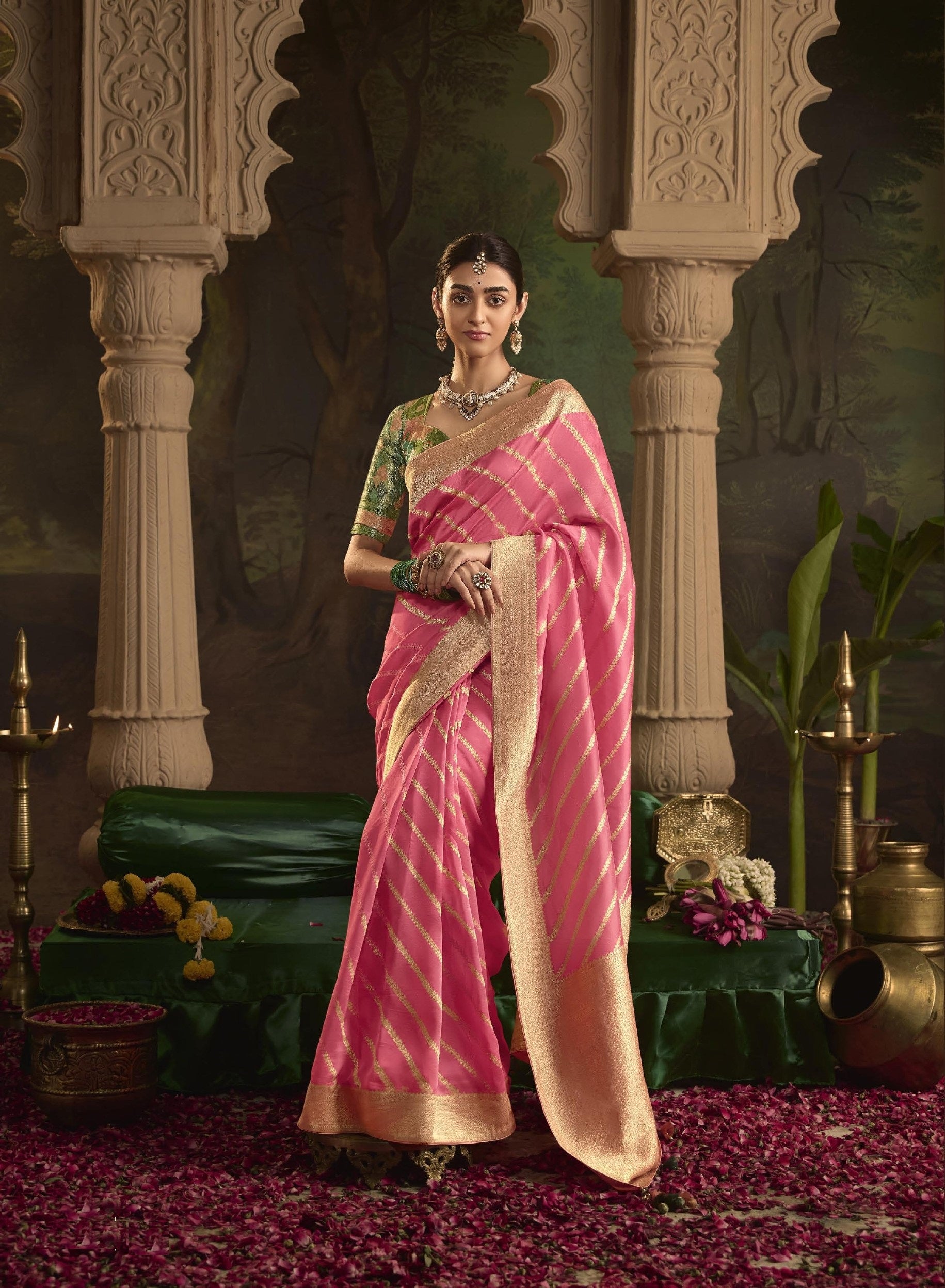 Pink Pure Crepe Dola Silk Zari Work Saree