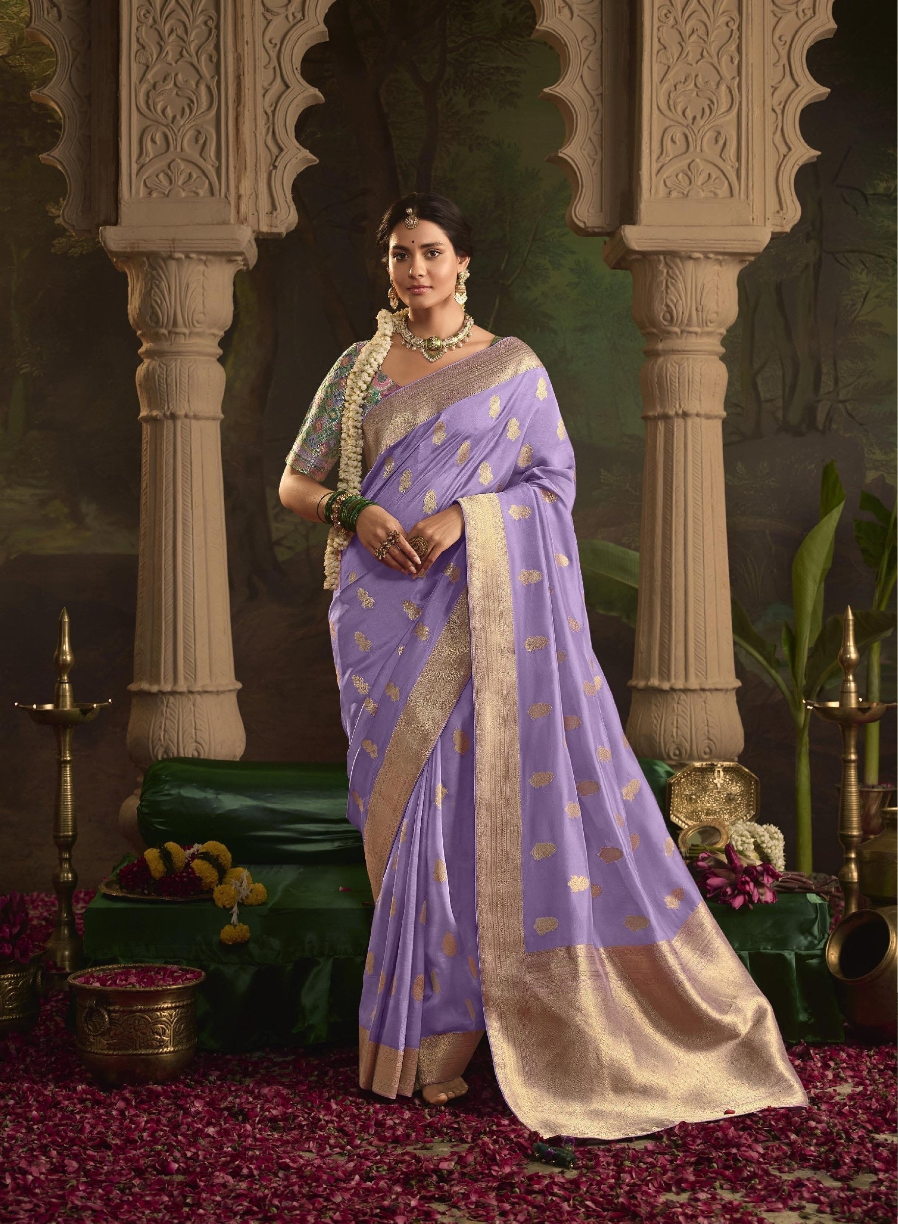 Lavender Pure Crepe Dola Silk Zari Work Saree