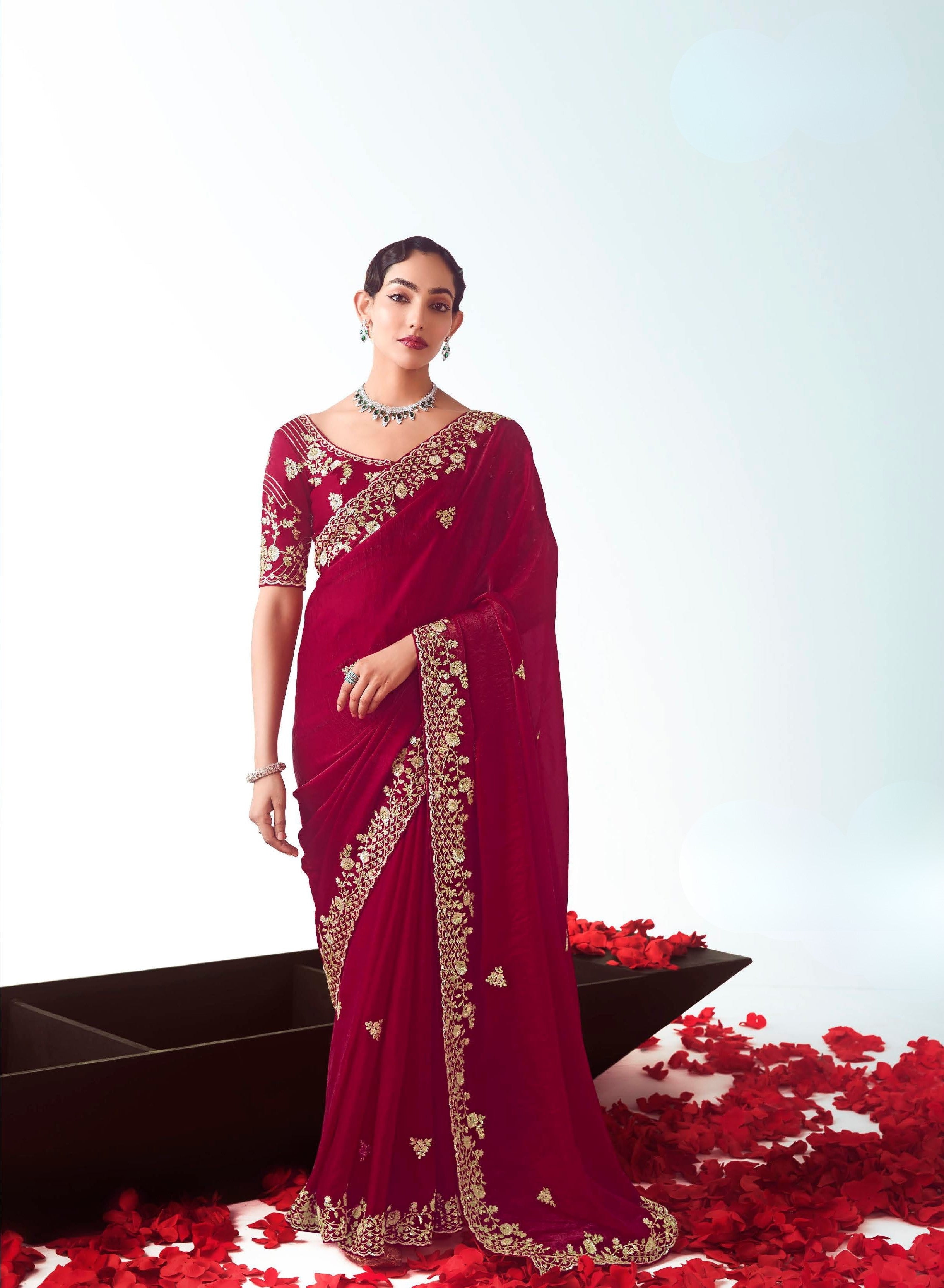Maroon Organza Embroidered Saree