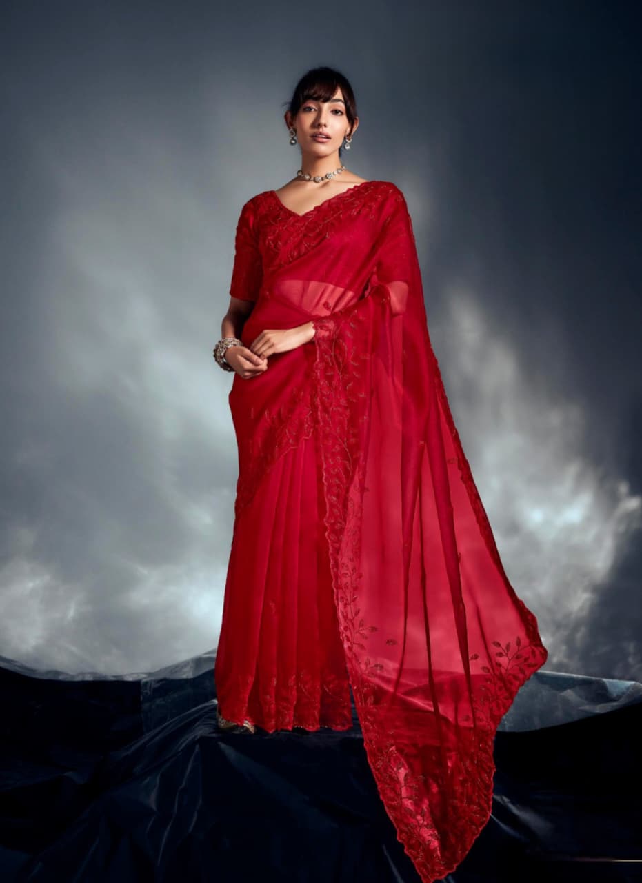 Red Tissue Organza Embroidered Partywear Saree
