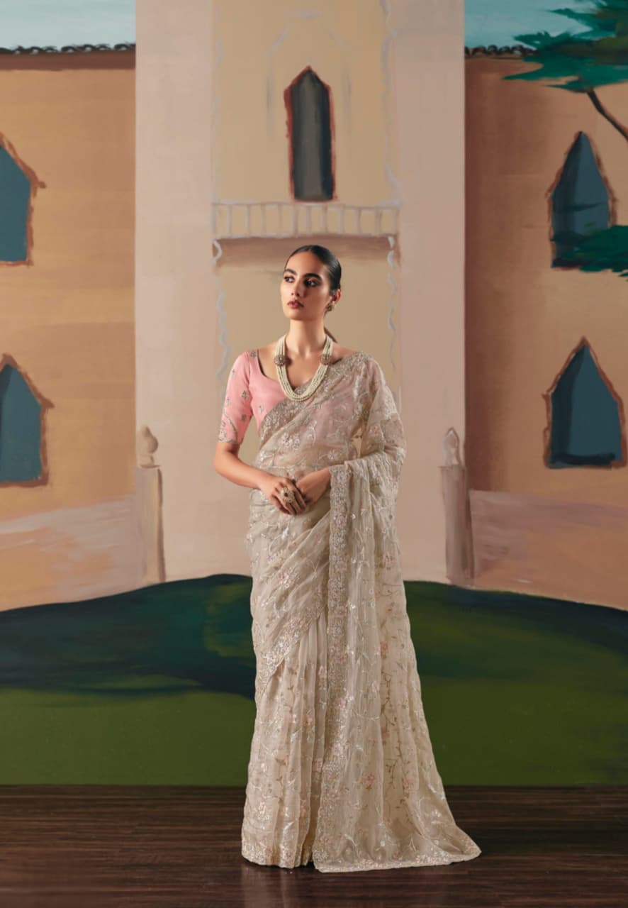 Beige Fancy Fabric Sequence Work Saree