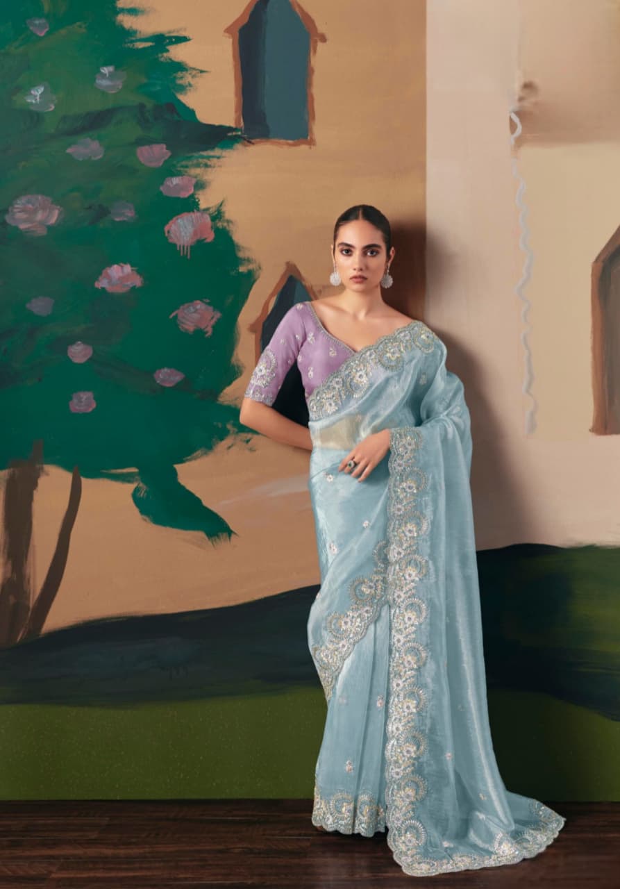 Sky Blue Fancy Fabric Sequence Work Saree