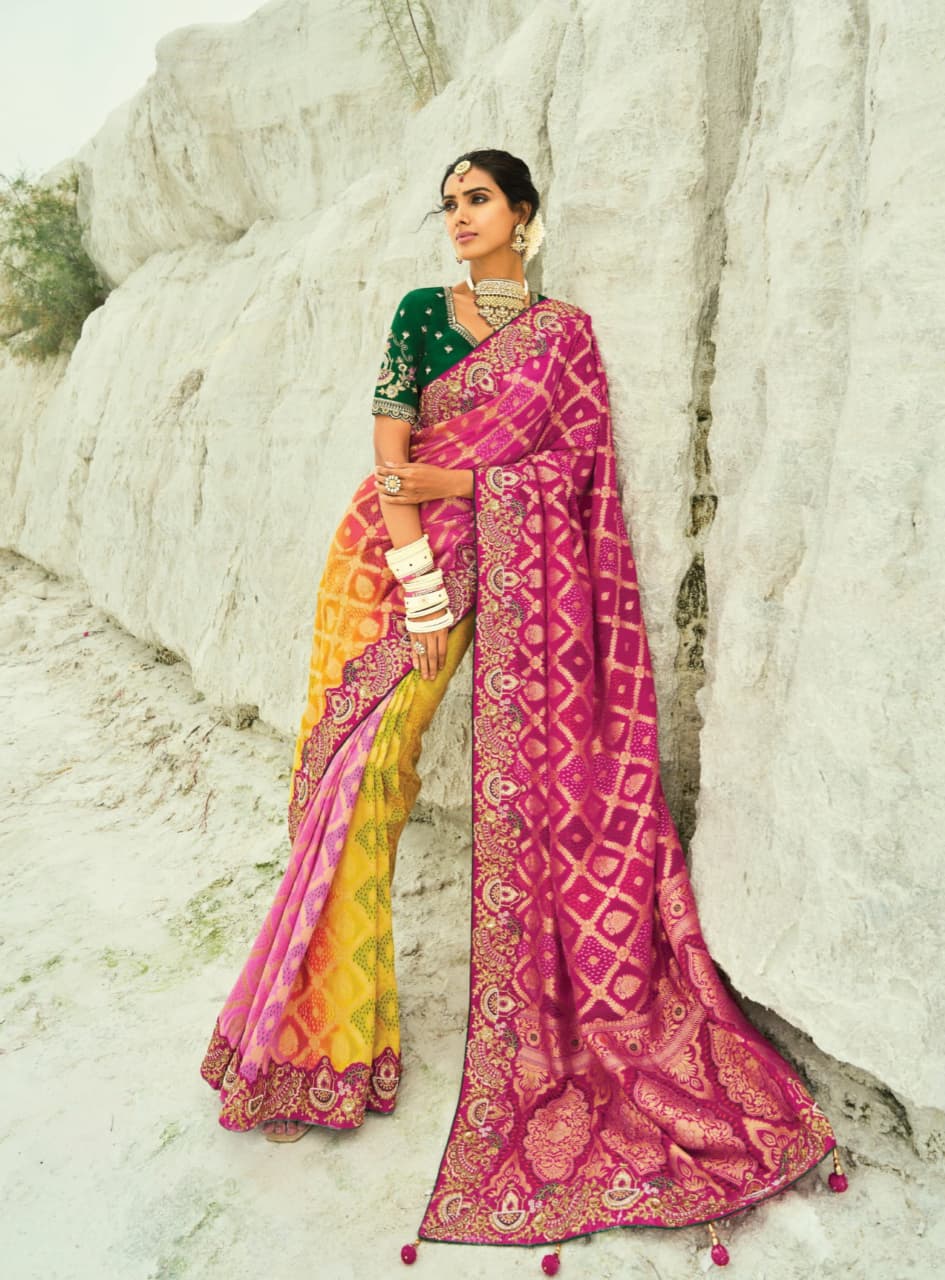 Rani Yellow Pink Pure Georgette Work Saree