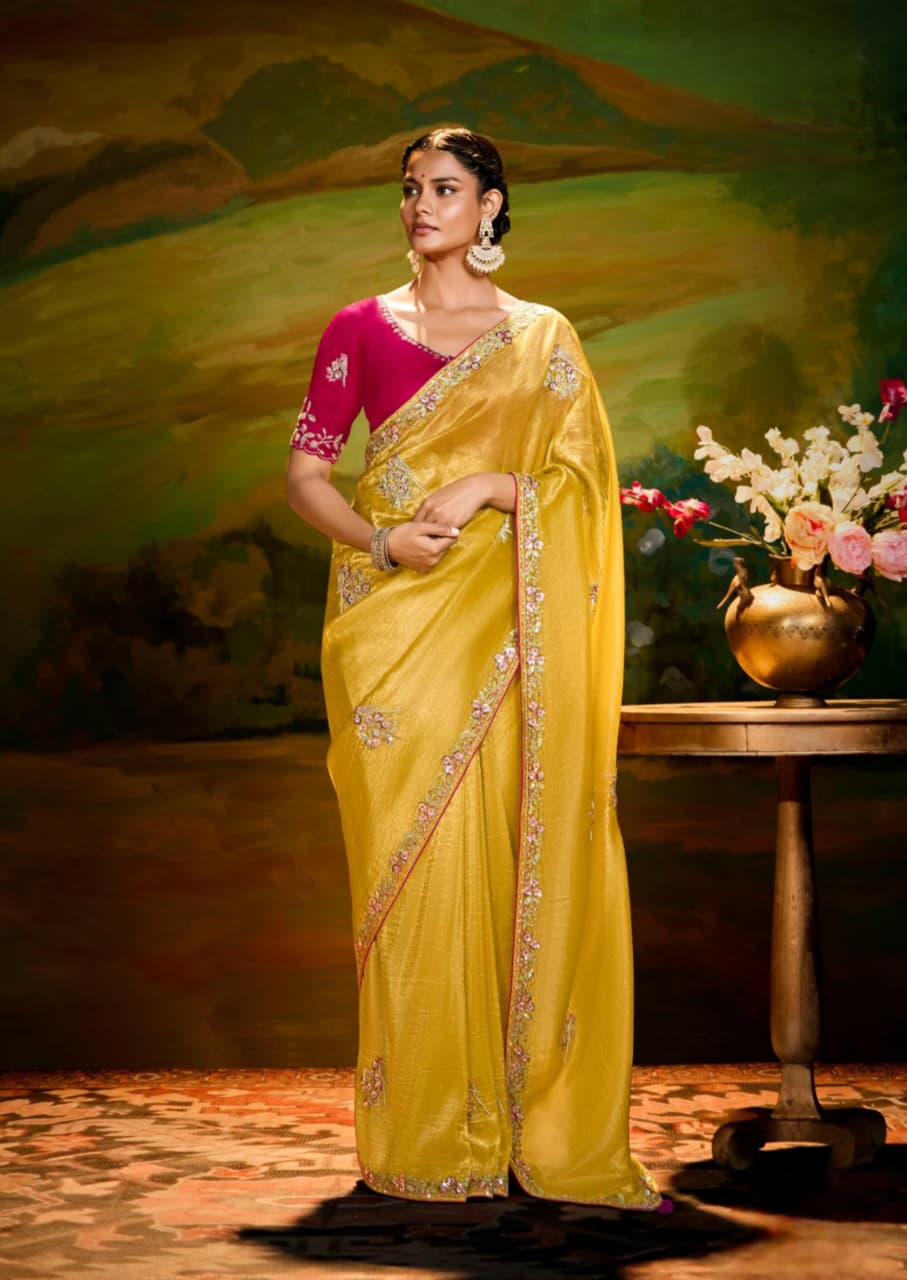 Yellow Fancy Fabric Handwork Designer Saree
