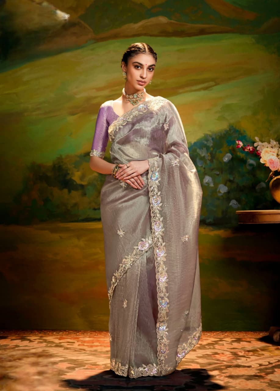 Grey Fancy Fabric Embroidery Designer Saree