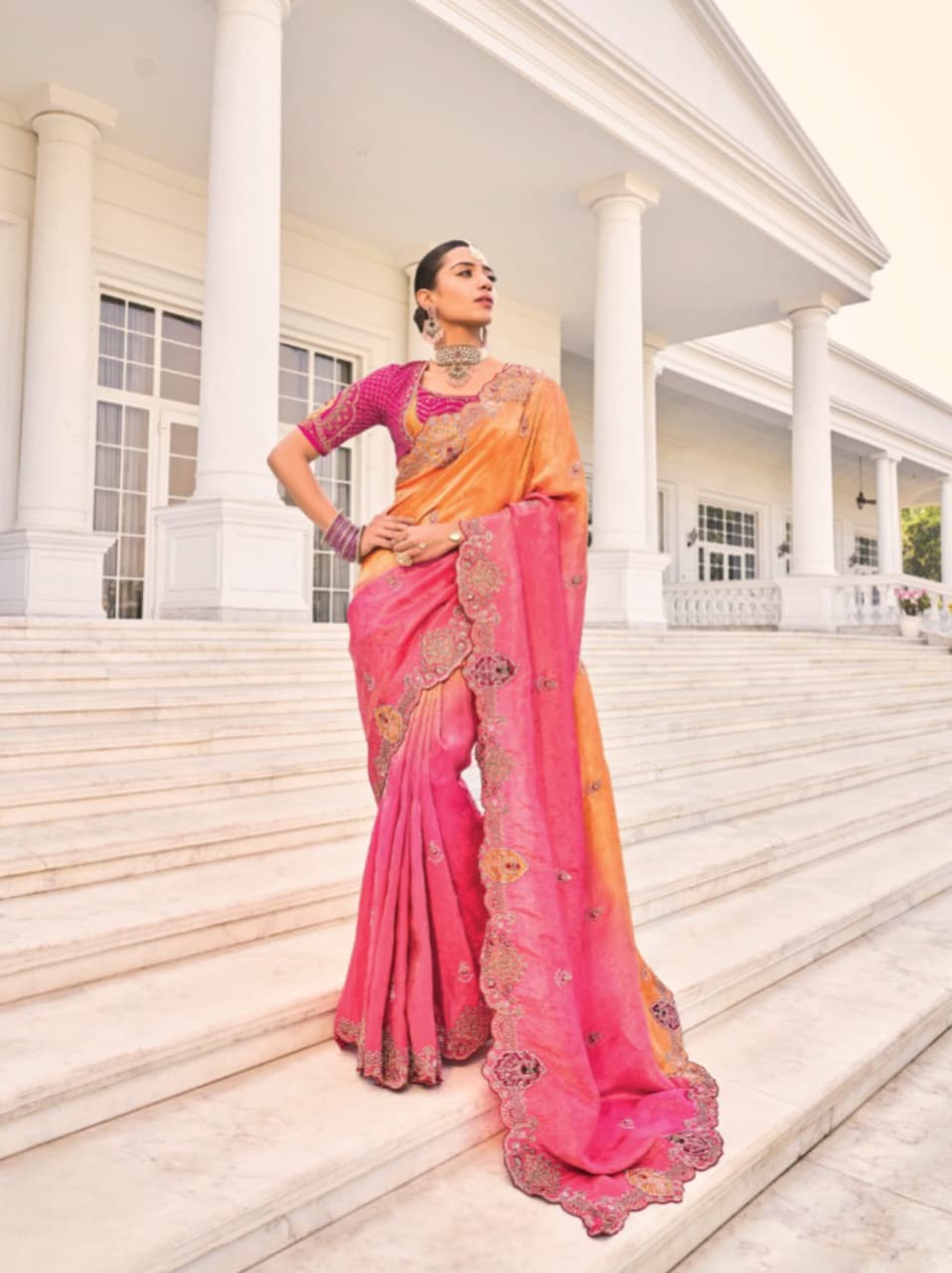 Orange Rani Crepe Jacquard Work Saree